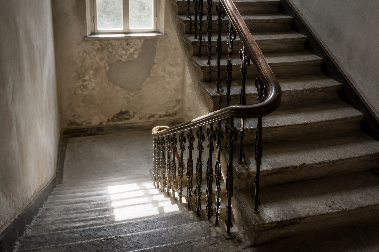 A worn stone staircase turning at a half landing inside an old building, morning light falling across the treads from a high window