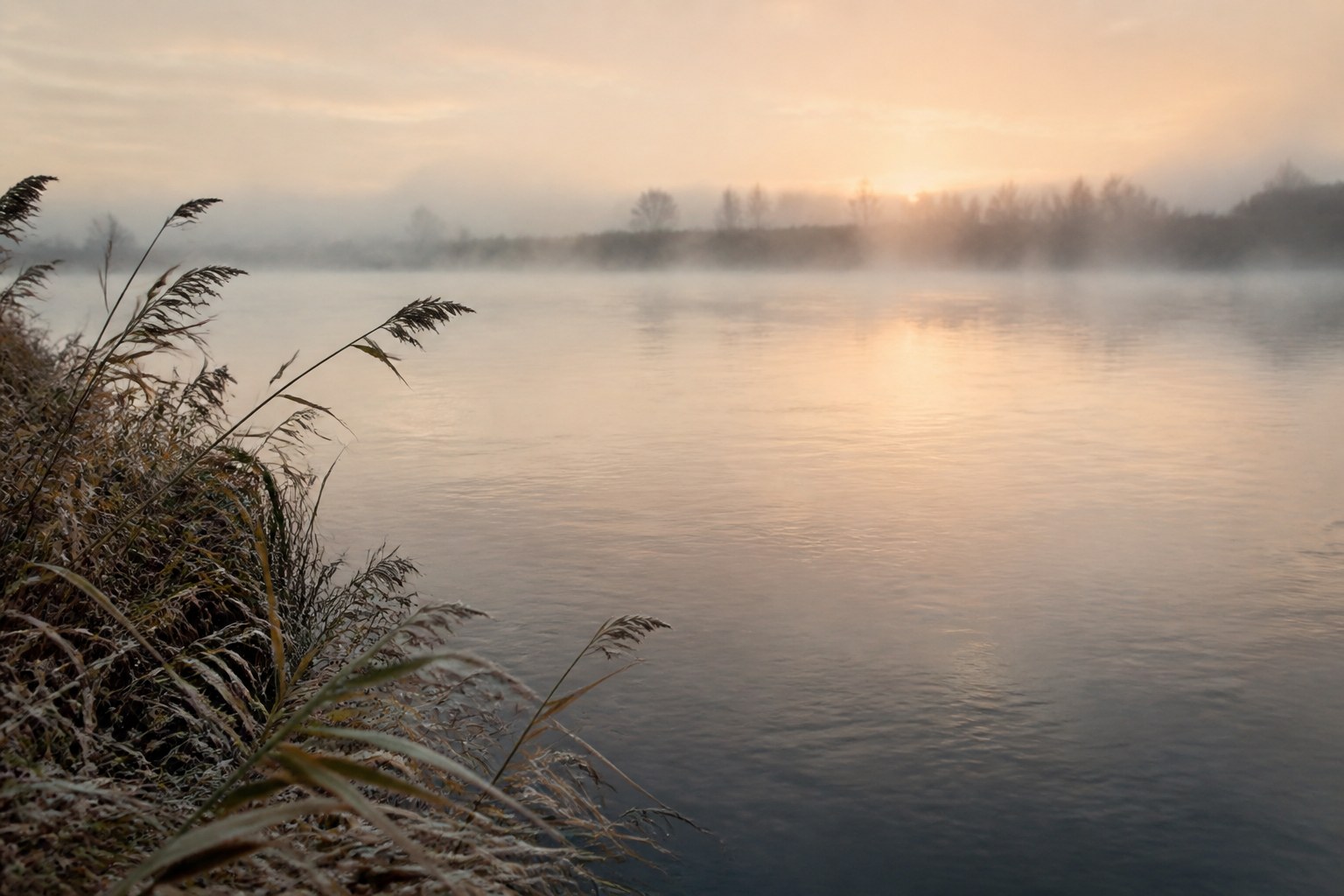 A wide slow river seen from one bank at dawn, the far bank low and indistinct through mist, with reeds in the foreground