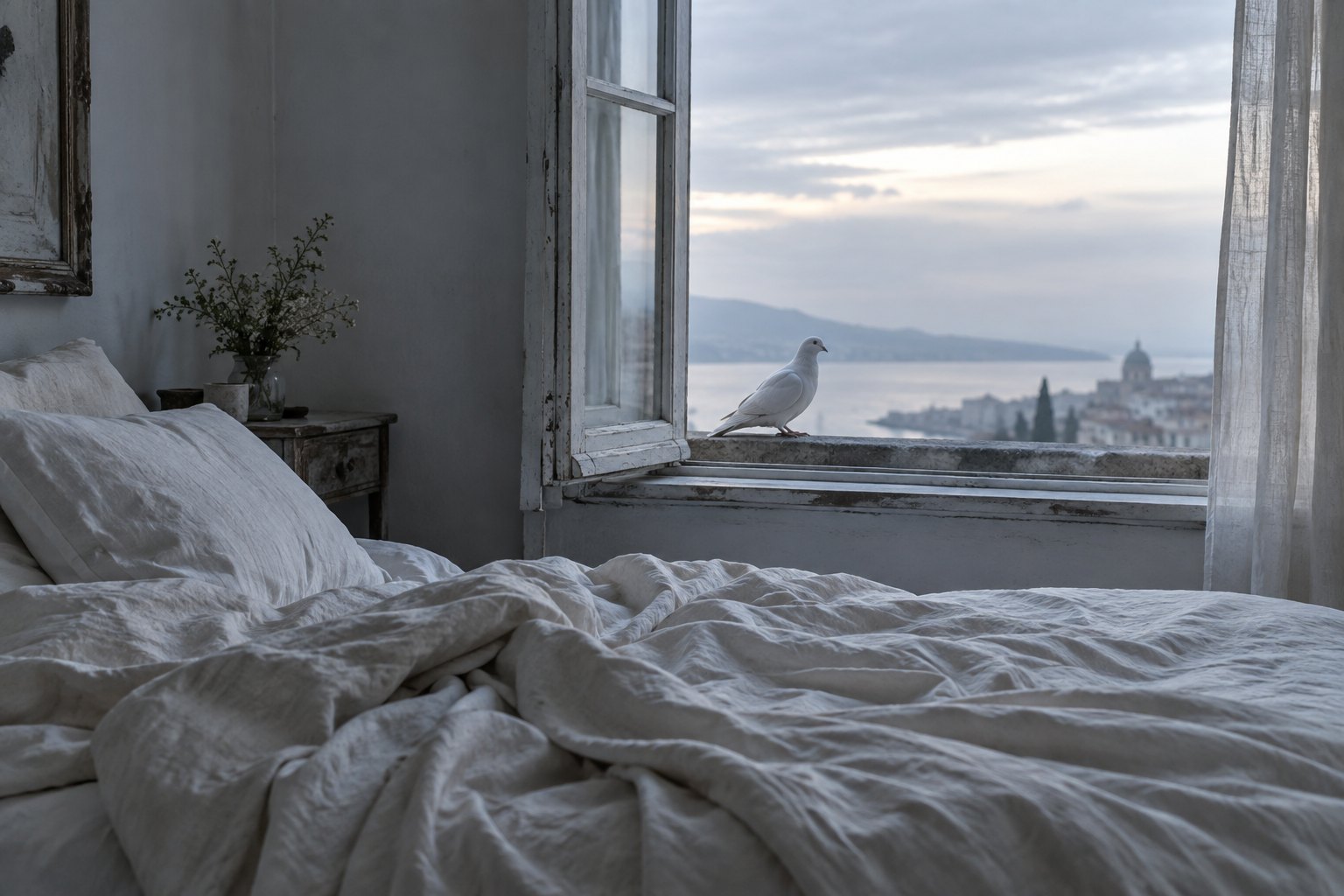 An unmade linen bed at dawn with a white dove settled on the sill of an open window overlooking a bay