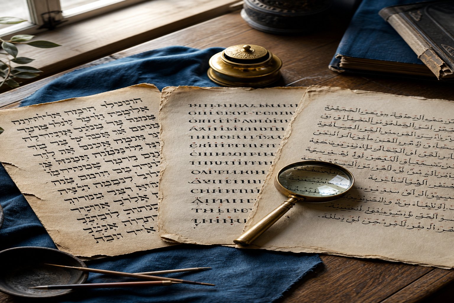 Three aged manuscript pages with Hebrew, Greek, and Arabic scripts on a scholarly desk with a brass magnifying glass and blue linen cloth