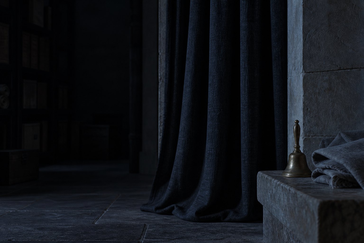 A dark stone hall at night with a heavy drawn curtain and a small brass handbell resting on a stone bench