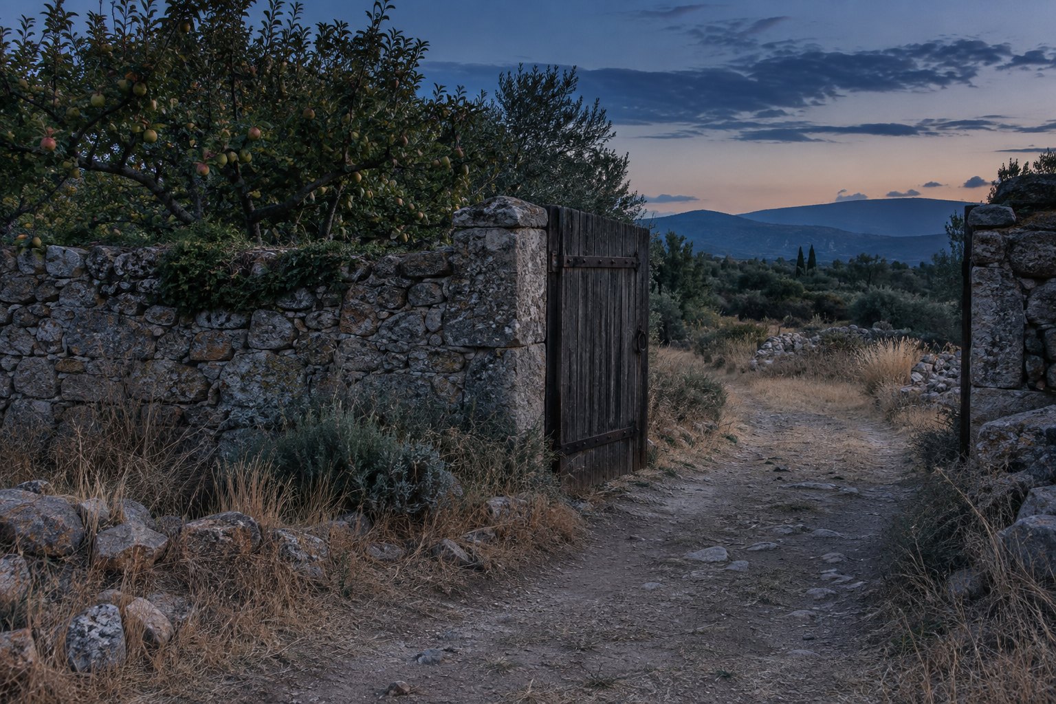 An old dry-stone wall with a heavy wooden gate standing part open onto a worn dirt path in low blue evening light