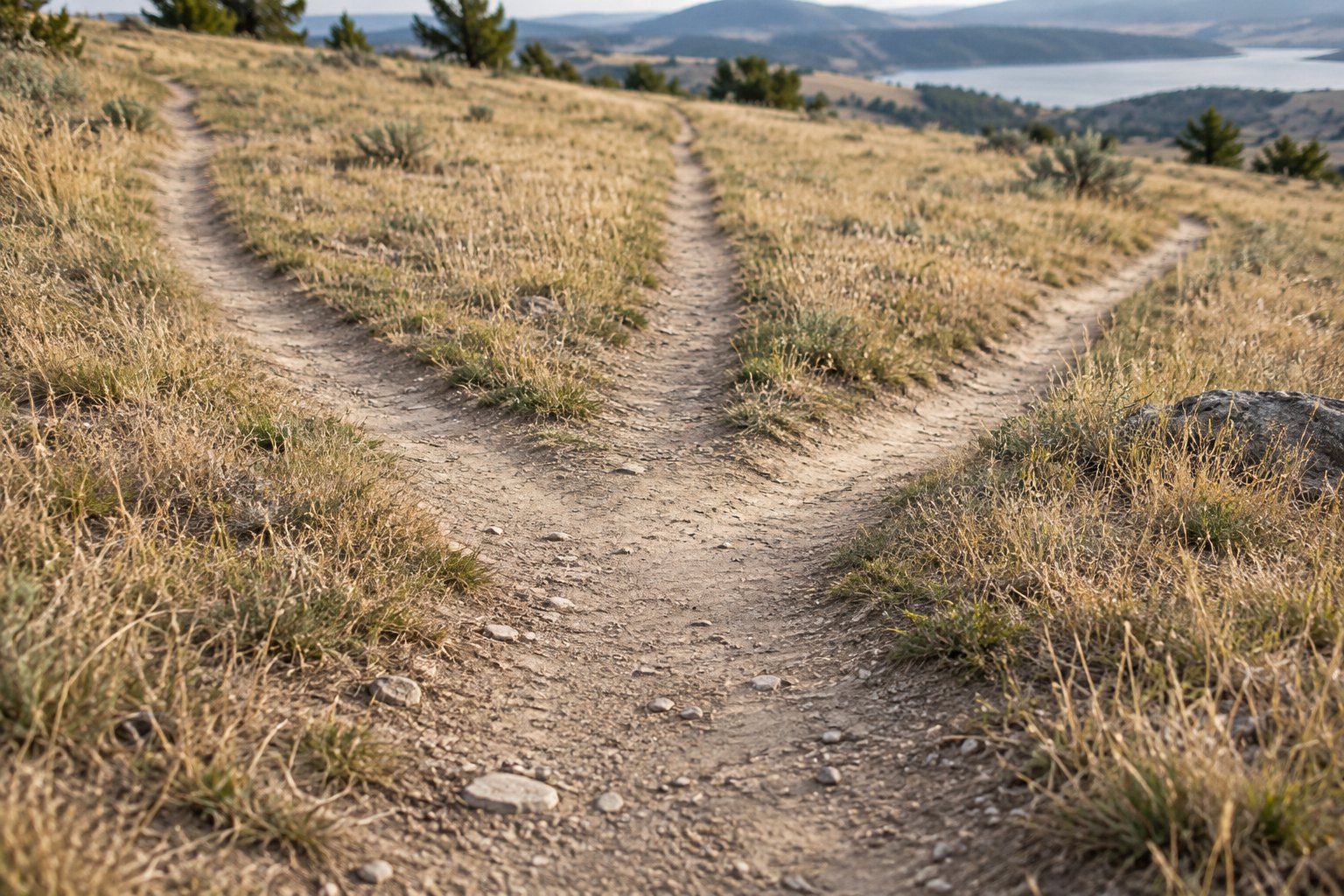 Three worn footpaths diverging across dry grassland from a single point, seen from slightly above