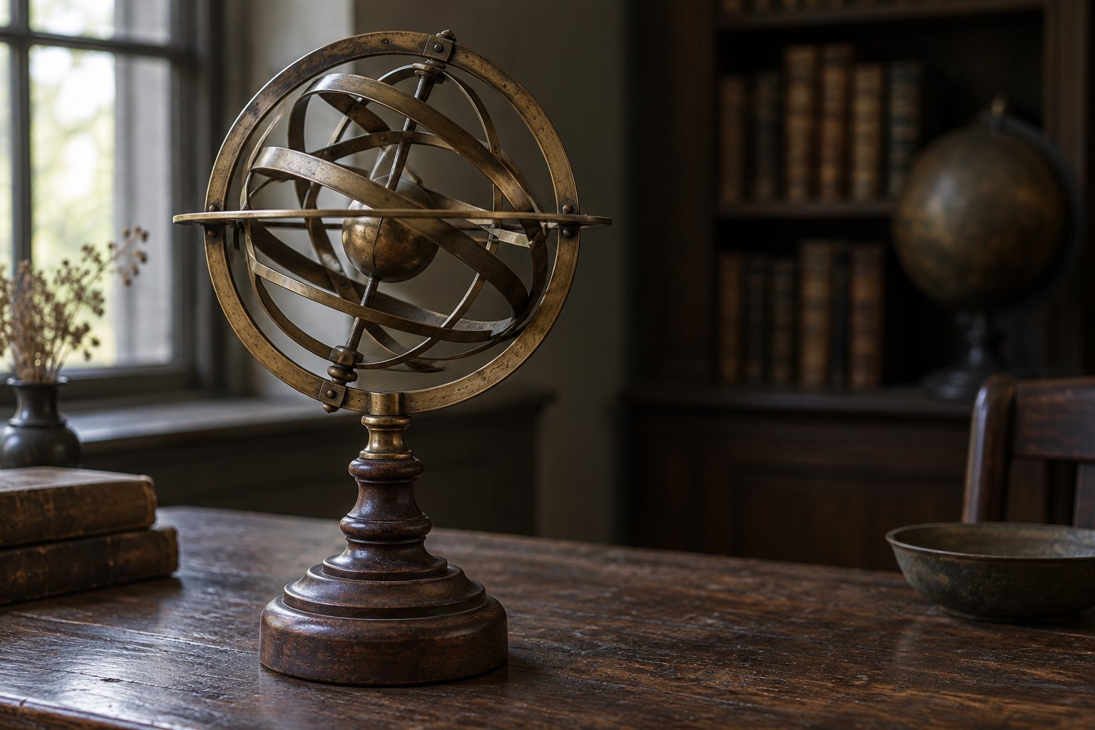 A brass armillary sphere on a turned wooden stand in a dim study, its rings dulled with age