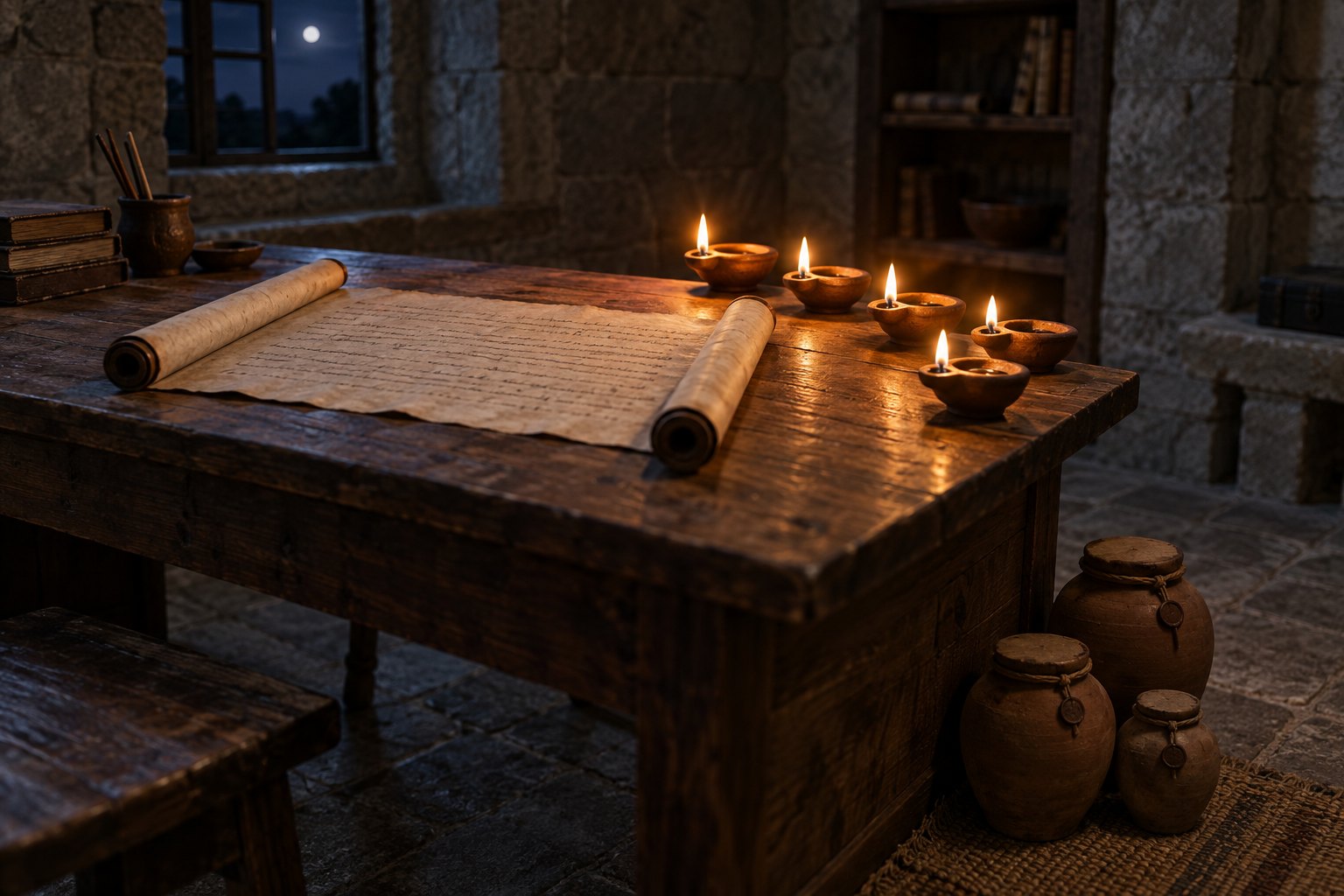 An open scroll on a plain wooden table in a dim stone room, lit by a row of small clay oil lamps with sealed oil jars on the floor beside it