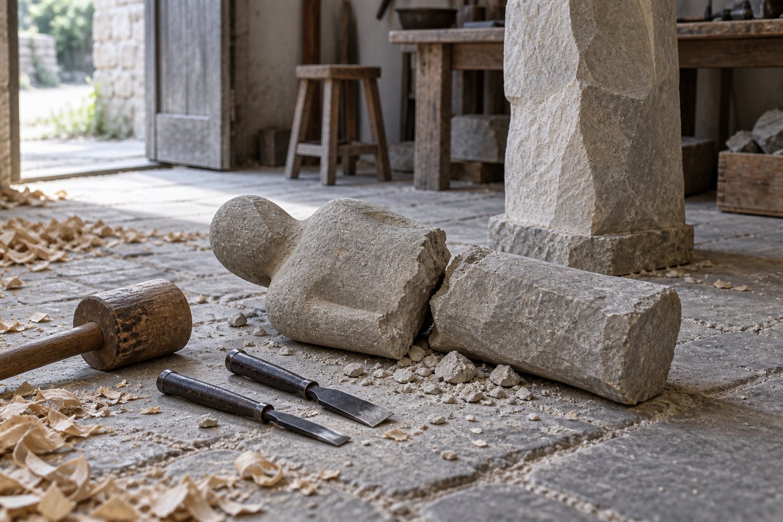 A broken stone carving toppled and snapped across the middle on a workshop floor, beside a mallet, two chisels and an unworked standing block