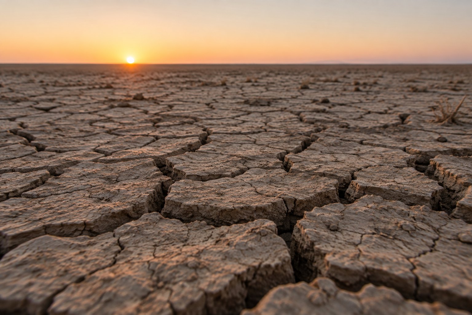 A wide plain of dry cracked earth stretching to a low empty horizon at first light