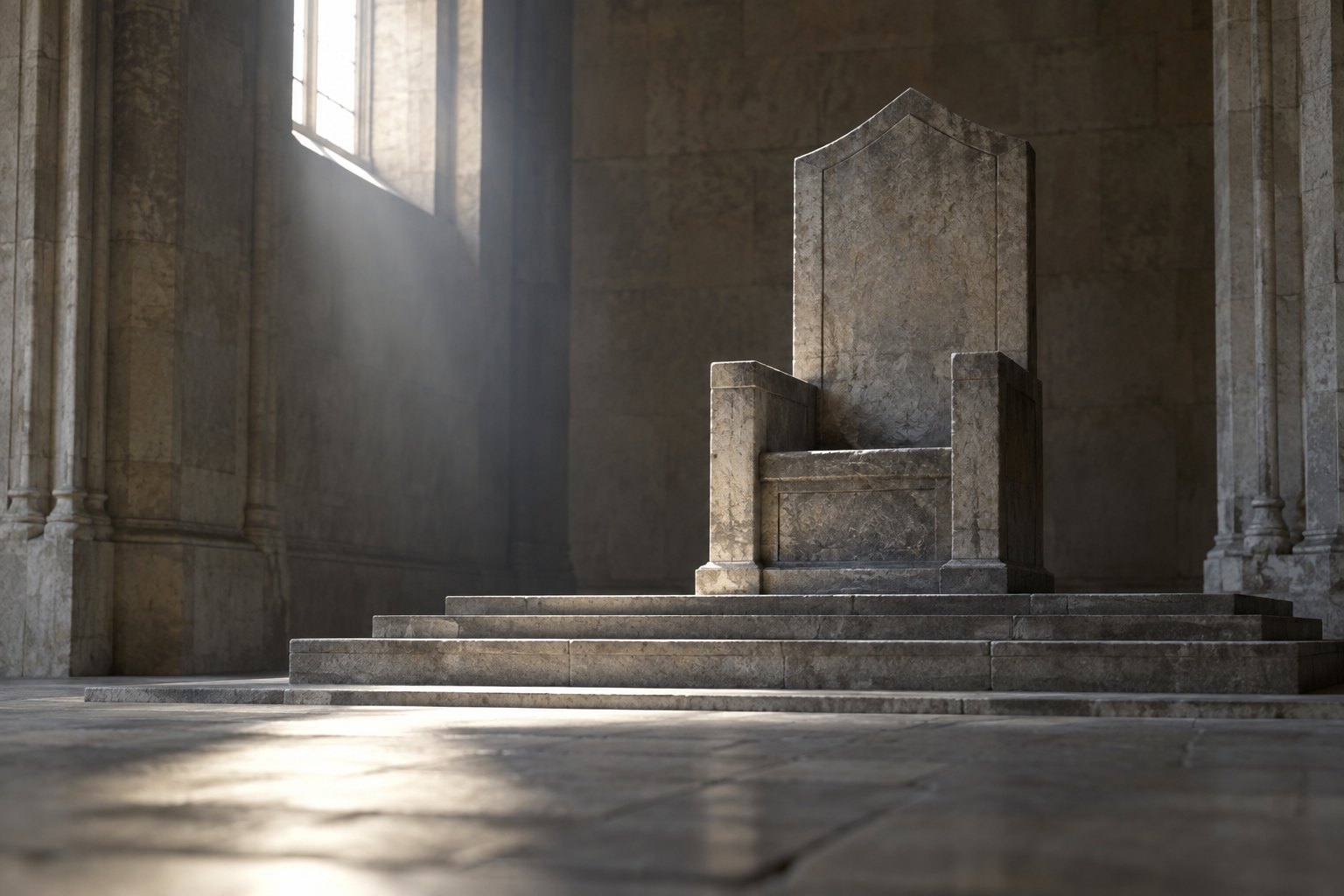 An empty high-backed stone seat on a raised dais in a bare hall, lit from a single high window