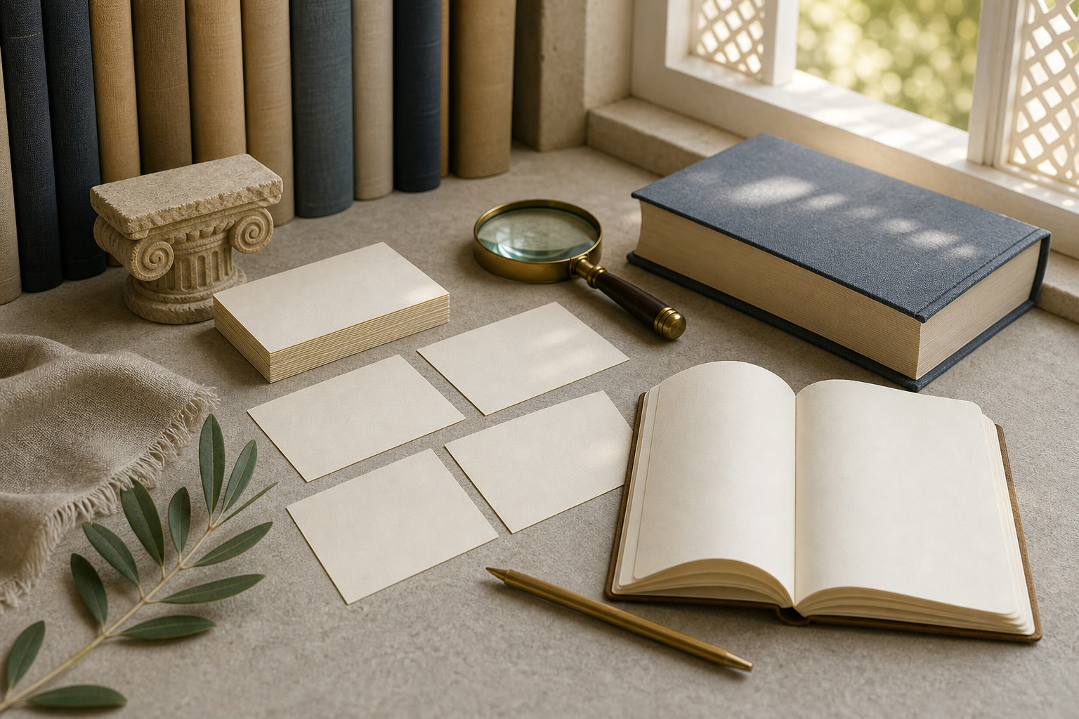 Latin angel-name meaning notes arranged as blank comparison cards on a daylight reference desk