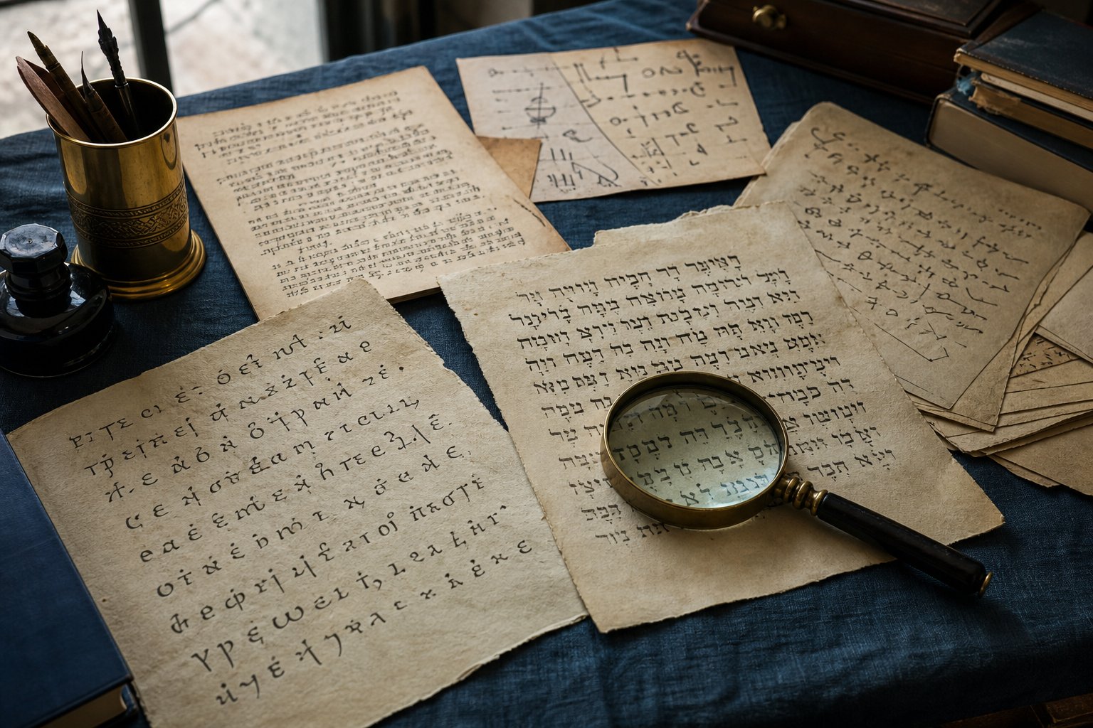 Etymology research desk with manuscript pages in Hebrew, Greek, and Aramaic scripts, magnifying glass, brass pen holder, and ink pot on blue linen