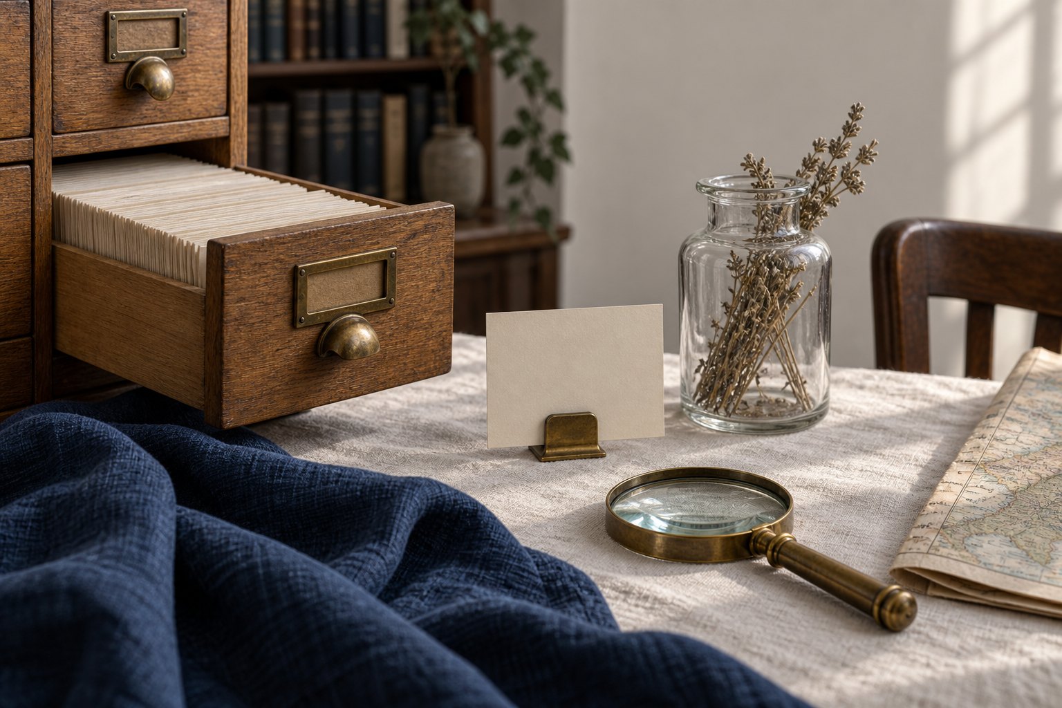An open oak card-index drawer of blank slips beside a brass magnifier, a glass jar of dried herbs, and a folded travel map