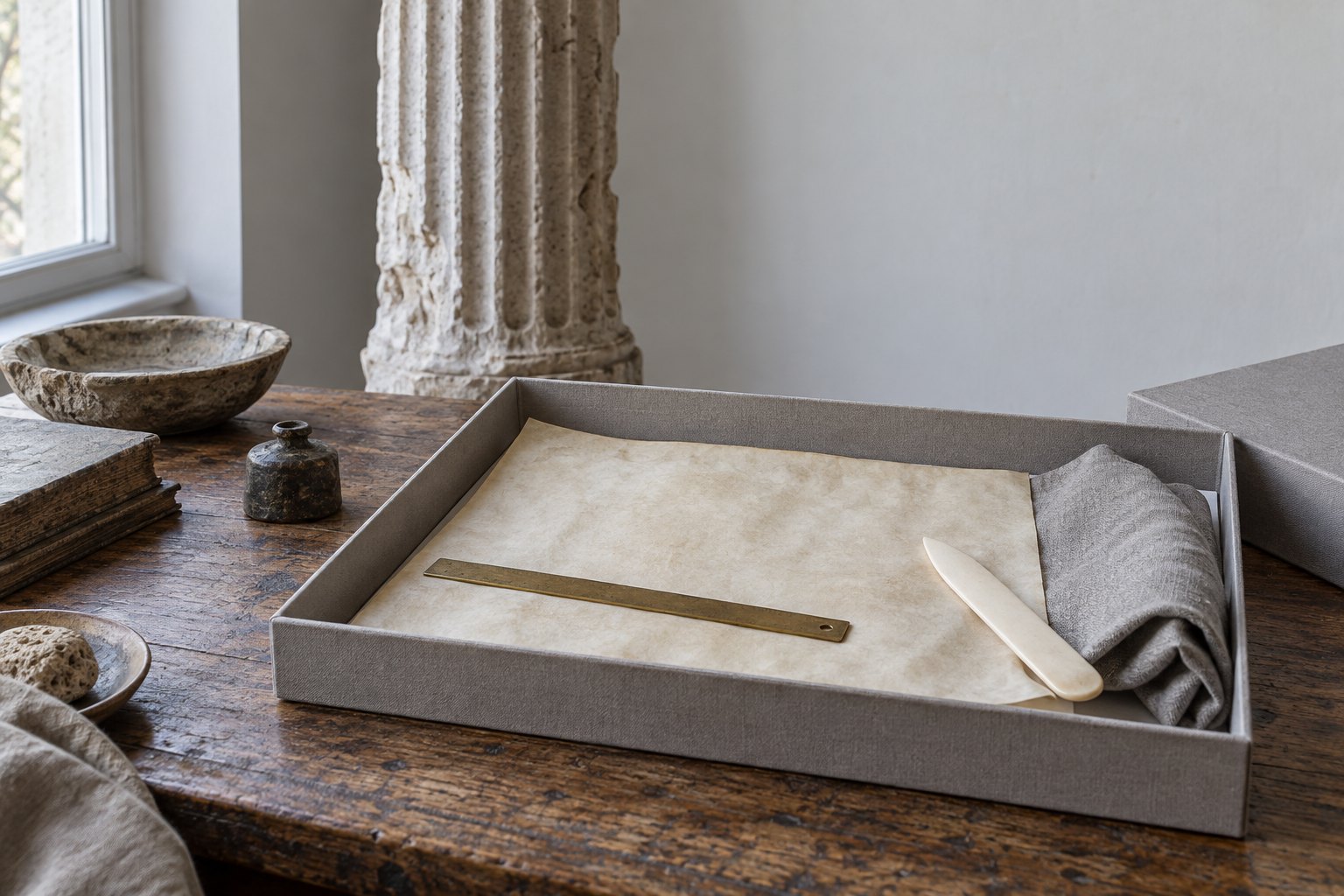 A palaeography study table with a blank vellum leaf in an archive box, a bone folder, and a brass ruler