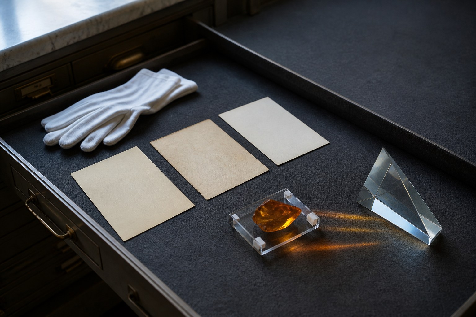 Blank archival source cards, amber glass, and a clear prism in a museum flat-file drawer
