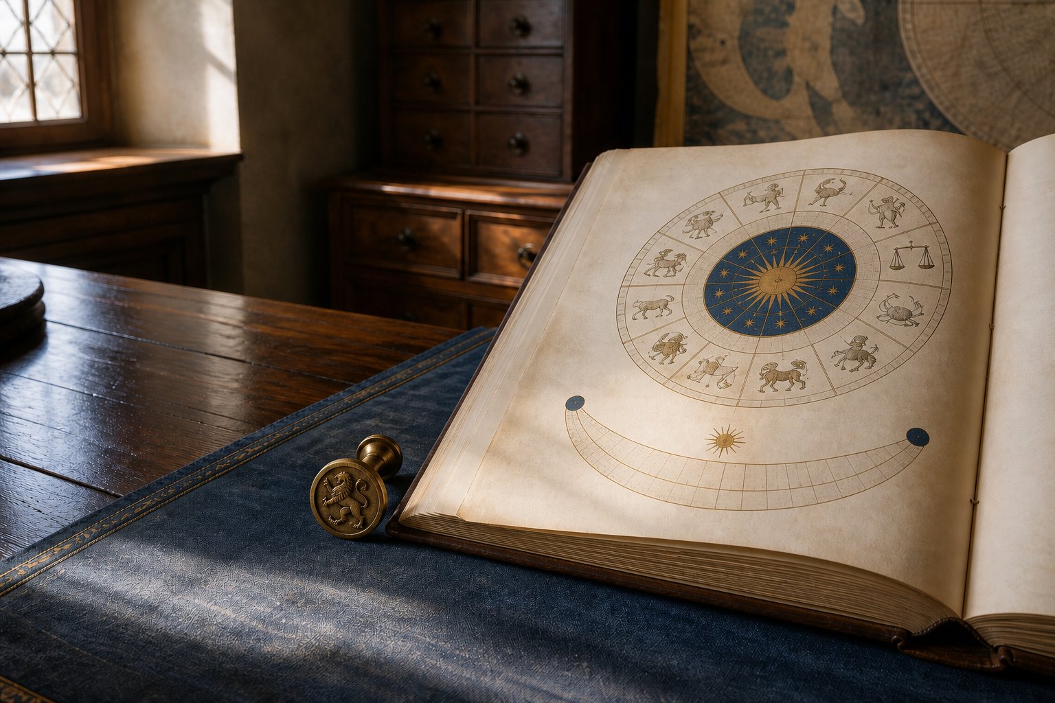 An open zodiac folio and lion seal in a sunlit Renaissance archive map room