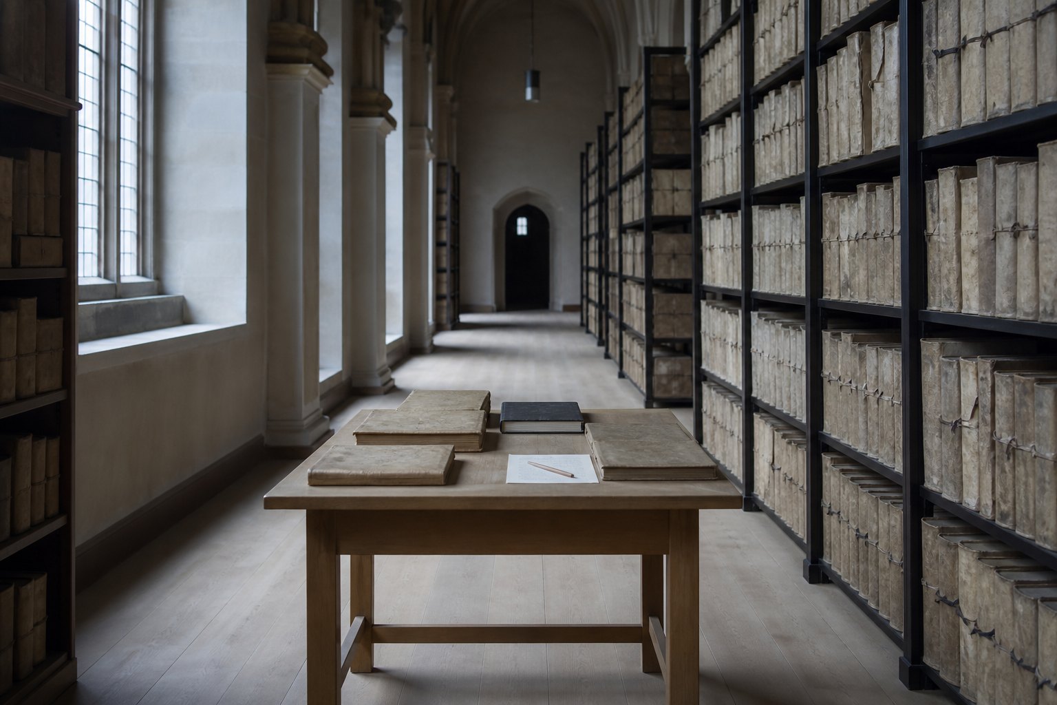 A pale archive aisle with closed folios, a reed pen, and a blank writing sheet