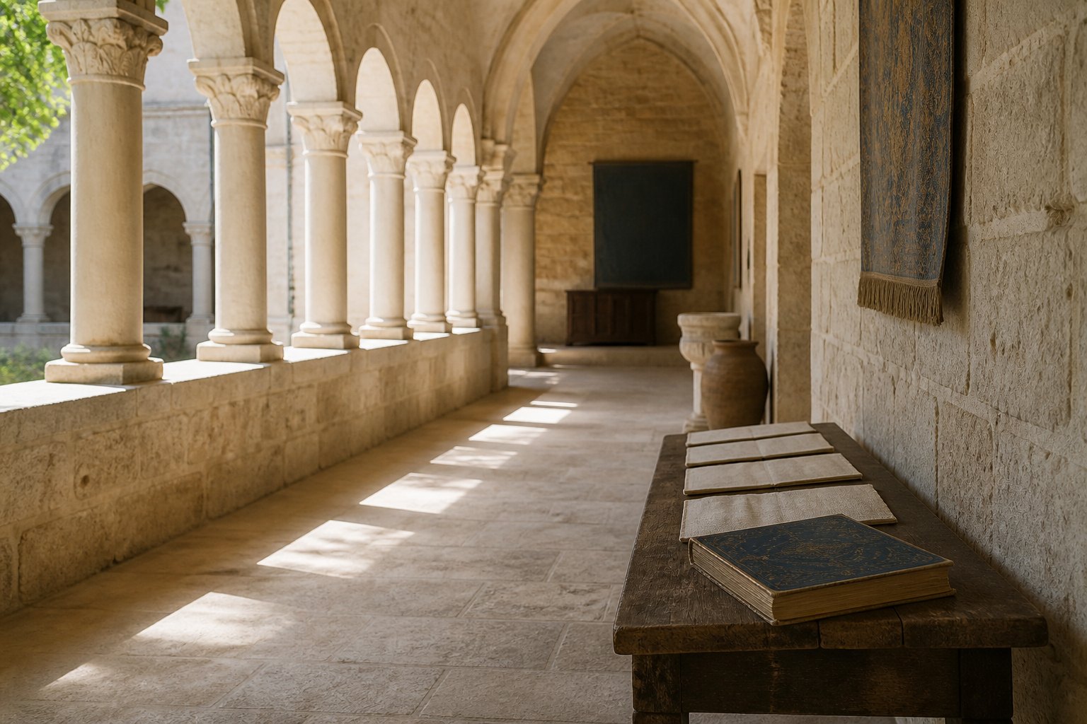 An ordered set of blank study tablets and a closed book on a sunlit cloister bench