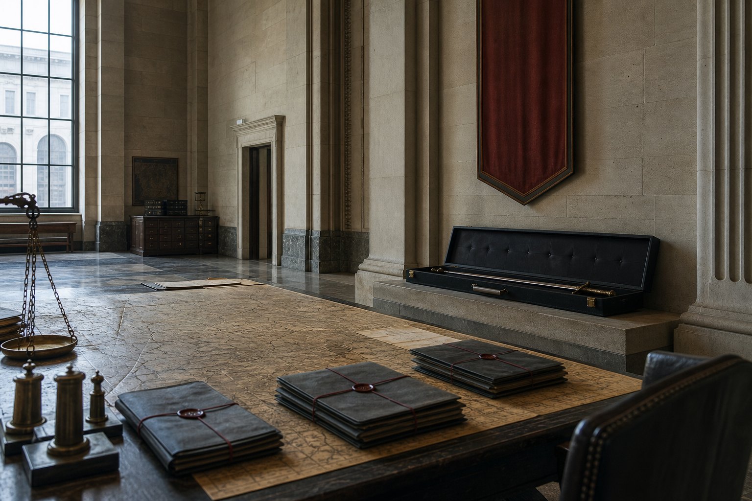 A sheathed ceremonial sword beside boundary maps and blank witness notes on a planning table