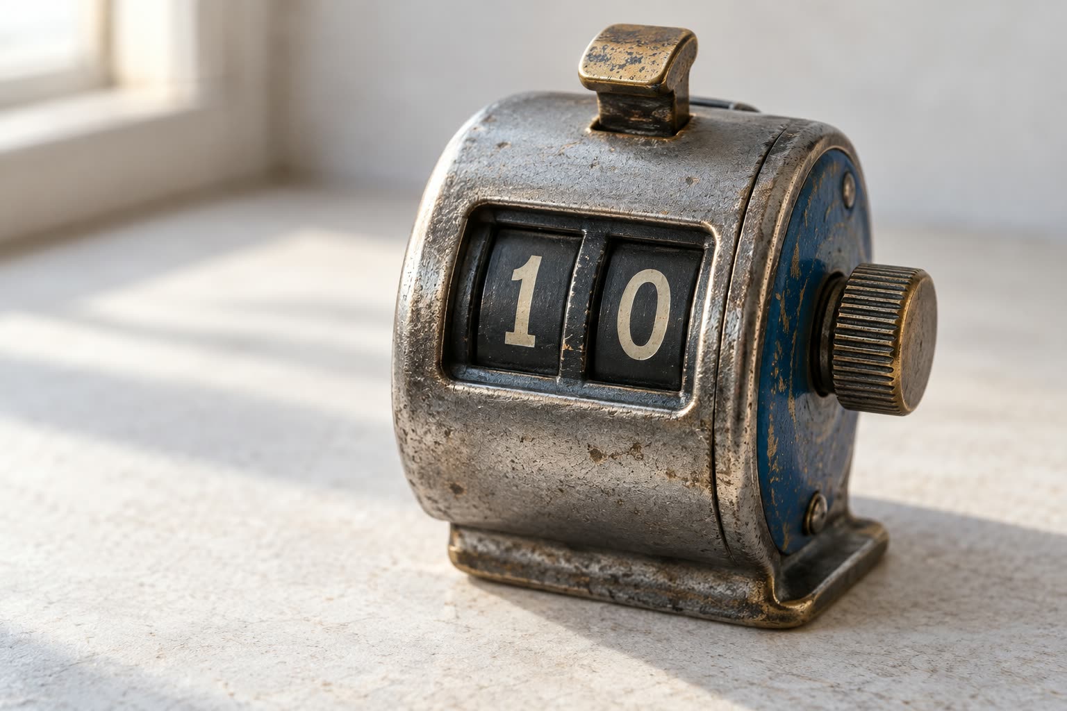A worn mechanical decimal counter displays 10 in two separate digit windows