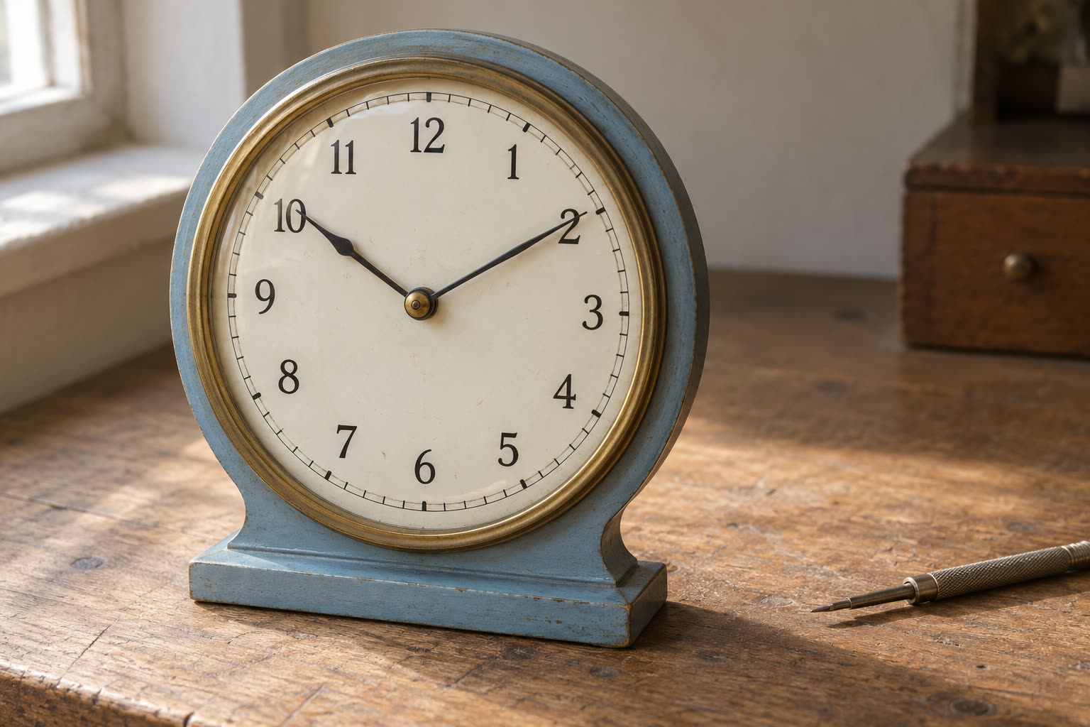 An ivory twelve-hour clock dial in a pale blue frame, with 12 at the top