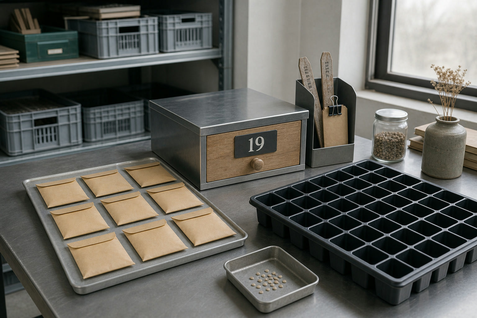 Seed envelopes, an archive drawer, and an empty germination tray beside the number 19