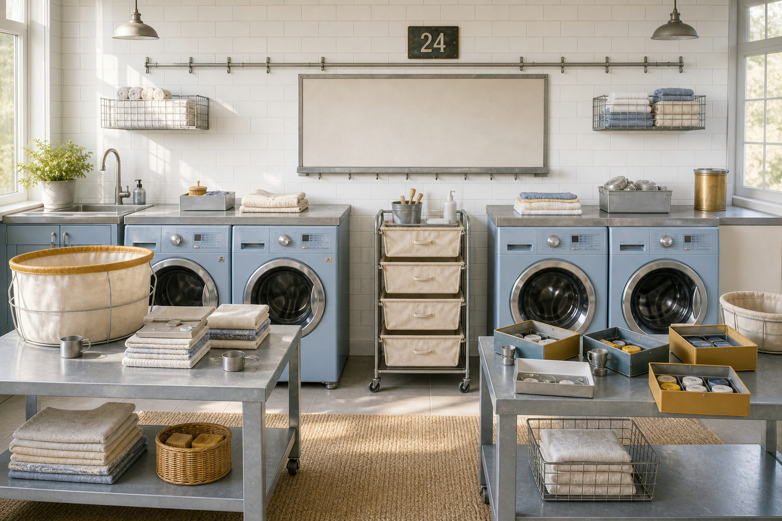 Angel number 24 represented by a cooperative laundry room with paired tables and four blue washers