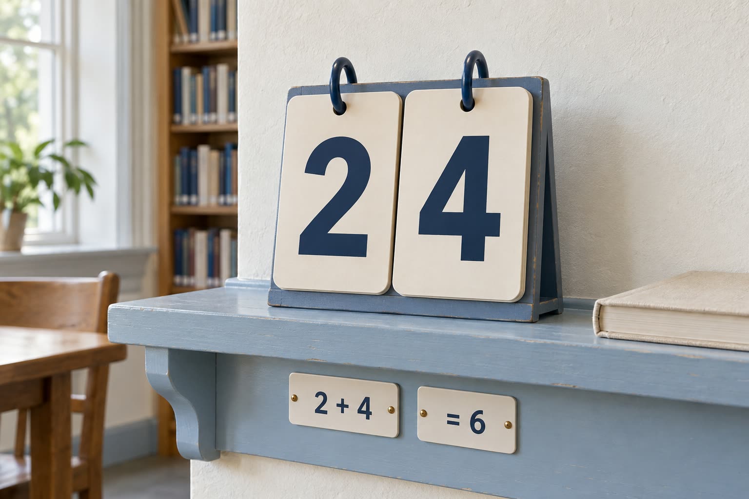 A contemporary flip display shows 24 above the equation 2 + 4 = 6 on a pale blue reading-room shelf.