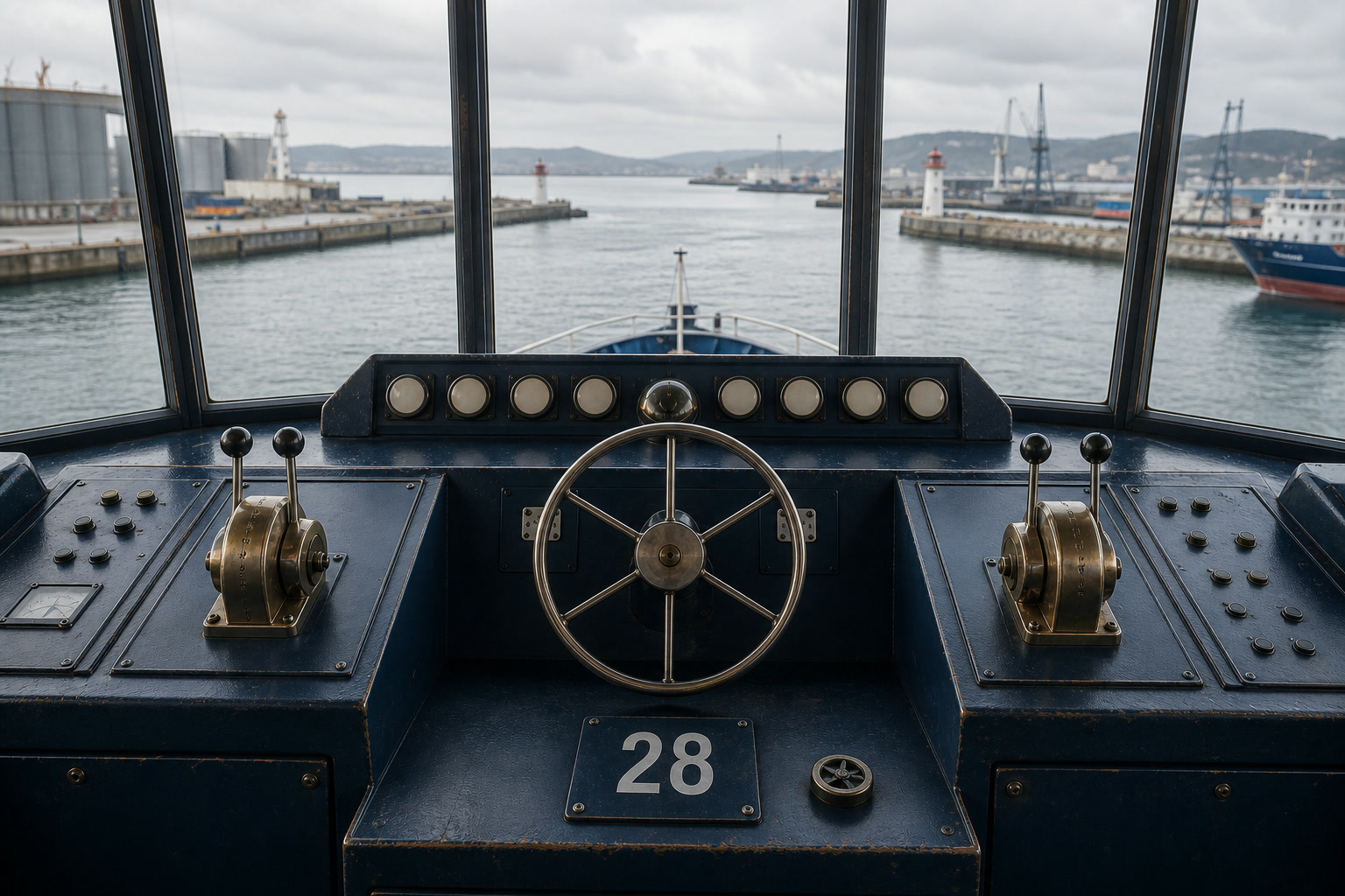 Angel number 28 represented by paired controls on a tugboat bridge facing an active harbor