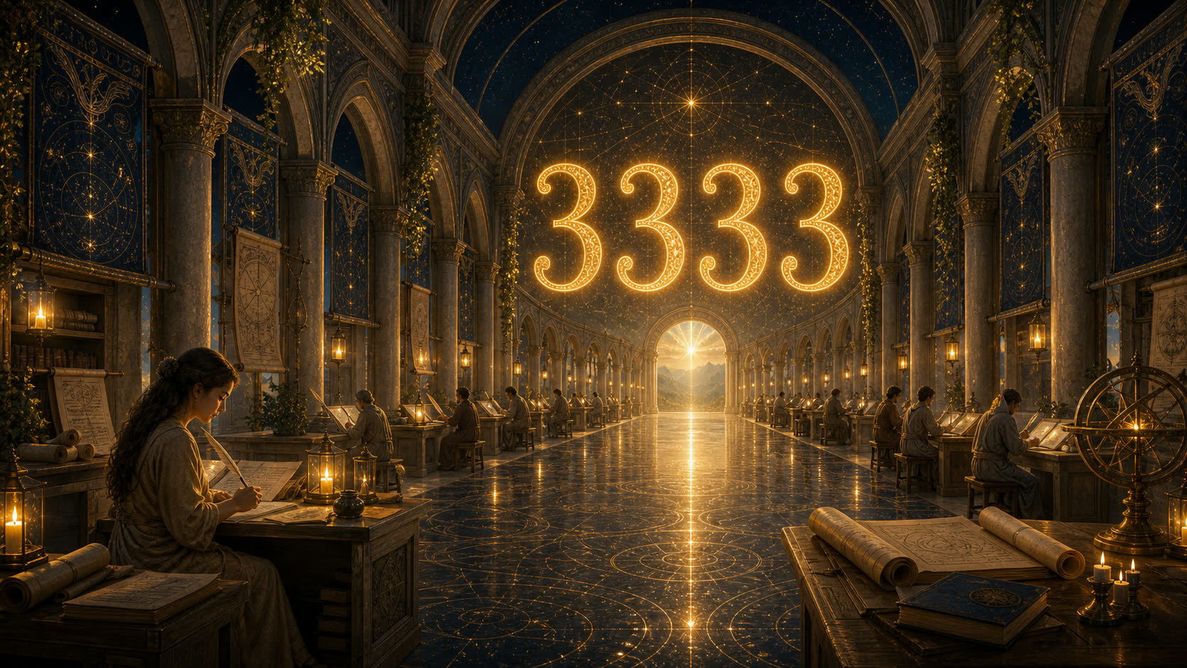 Glowing 3333 numerals in a celestial archive hall with readers at desks