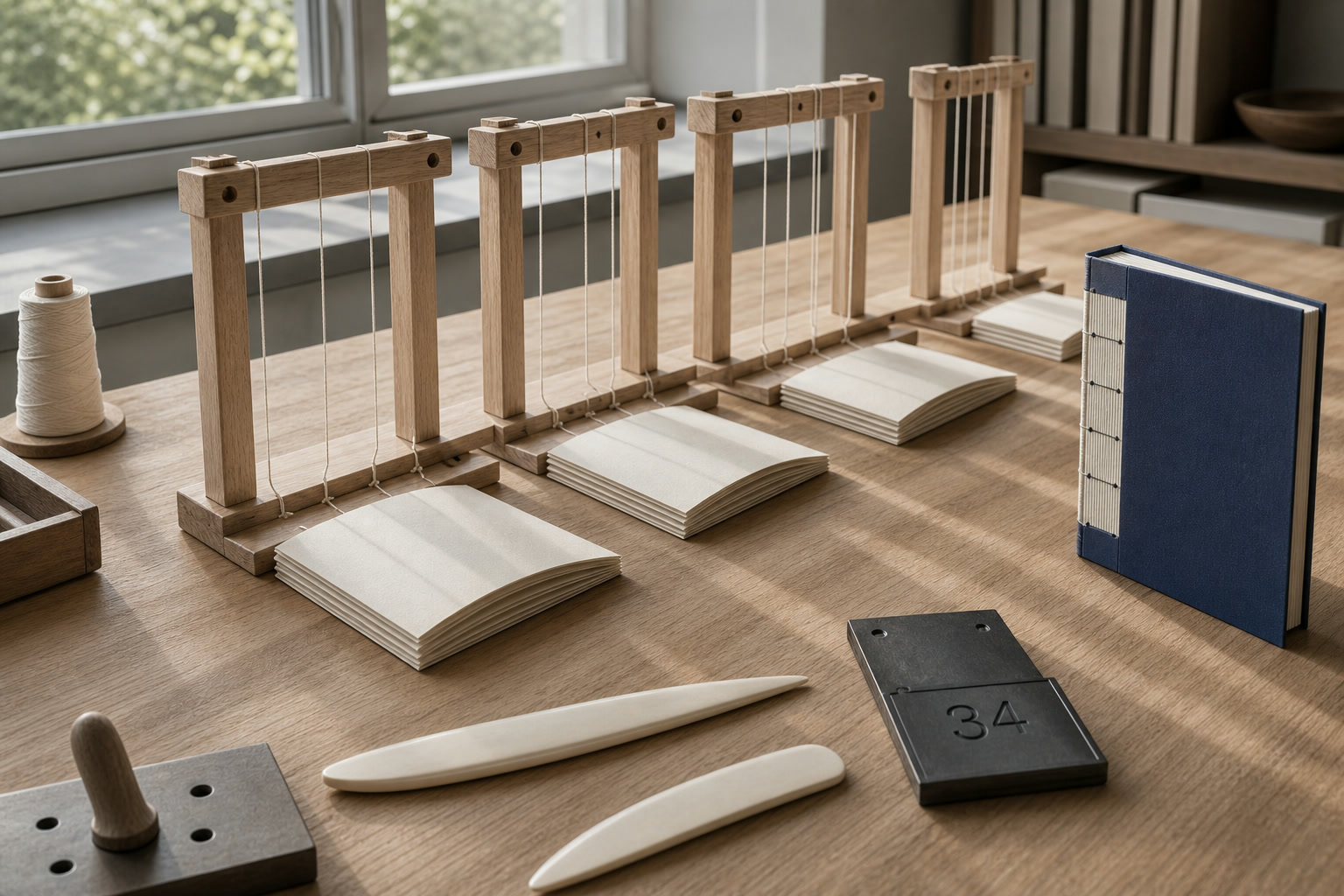 Book sections moving through sewing frames toward a finished blue volume beside the number 34