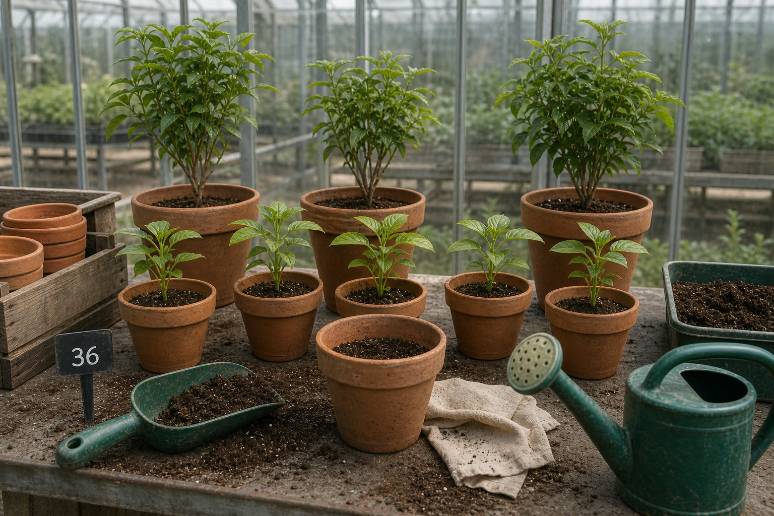 Three mature plants and young seedlings on a greenhouse bench marked 36