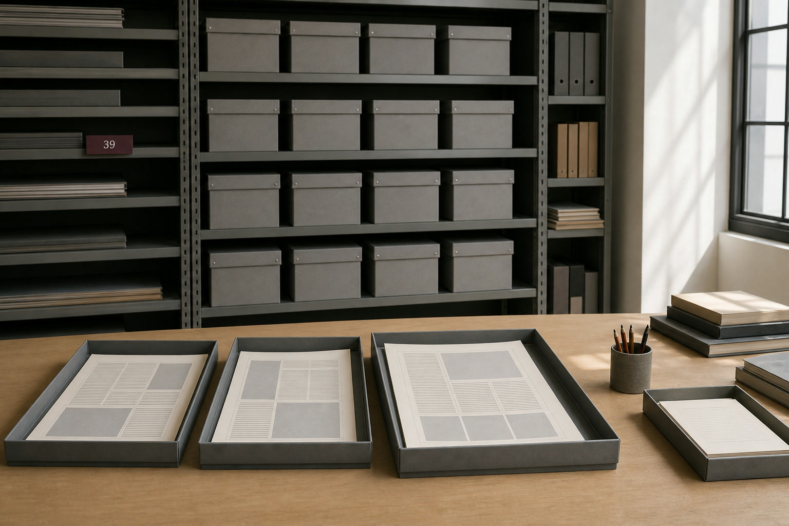 Editorial proof trays and rows of archive boxes beside a shelf marker numbered 39