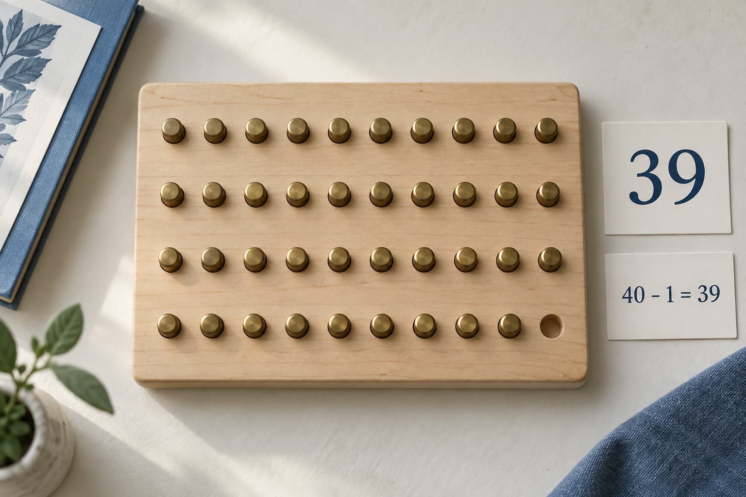 A four-by-ten counting board with thirty-nine brass pegs, one empty hole and a 40 minus 1 equals 39 card