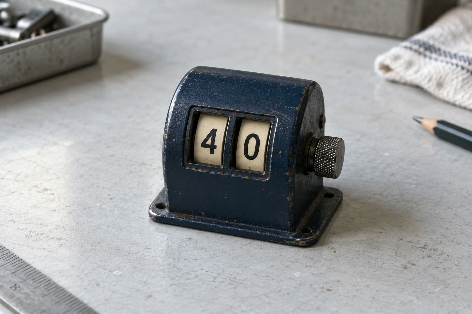 A two-wheel mechanical counter displaying 40, with a four in the tens window and a zero in the units window