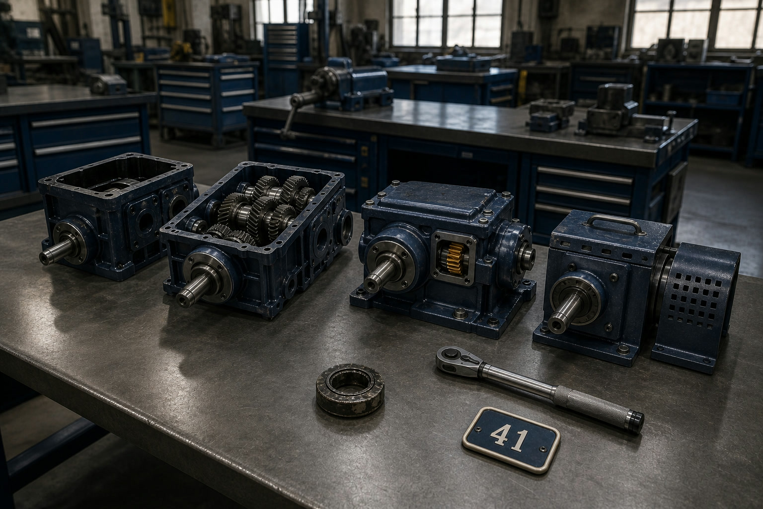 Four gearbox stages and a removed bearing on a workshop bench beside the number 41