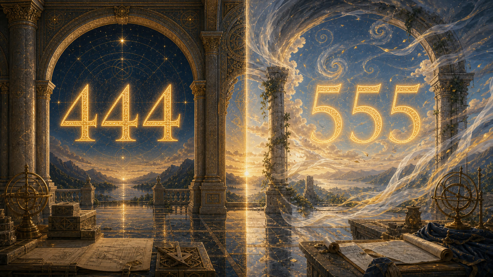 Split scene with glowing 444 under arched stonework and glowing 555 amid wind and open sky