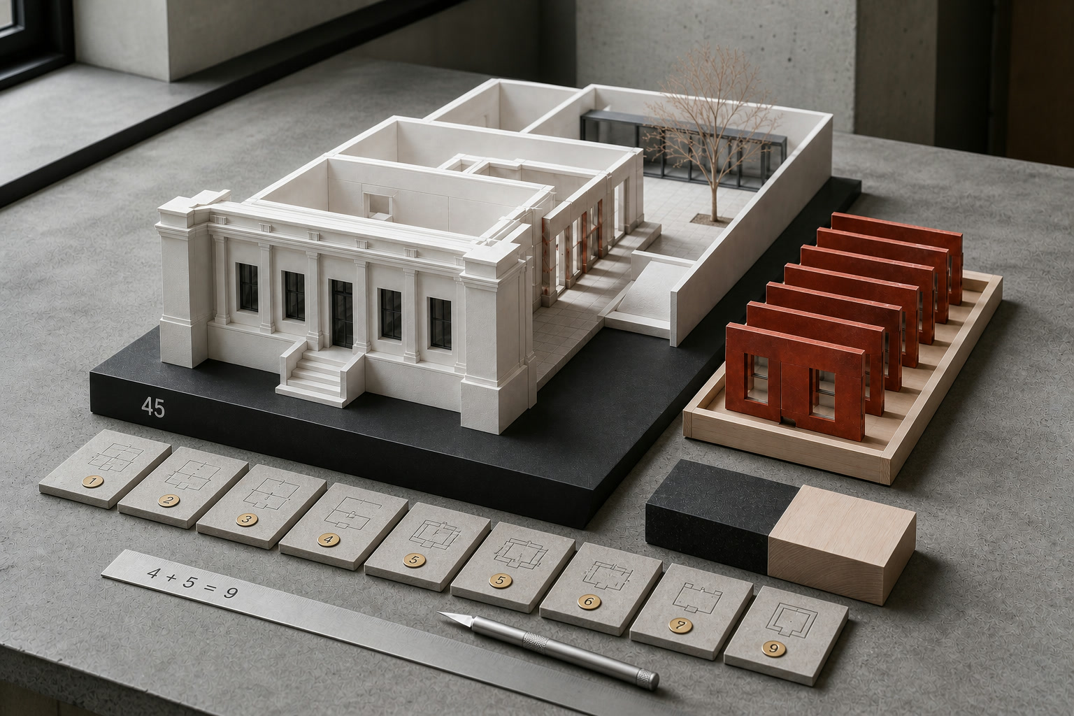 Angel number 45 on an architectural renovation model with retained structure, removable modules, and nine completion checks