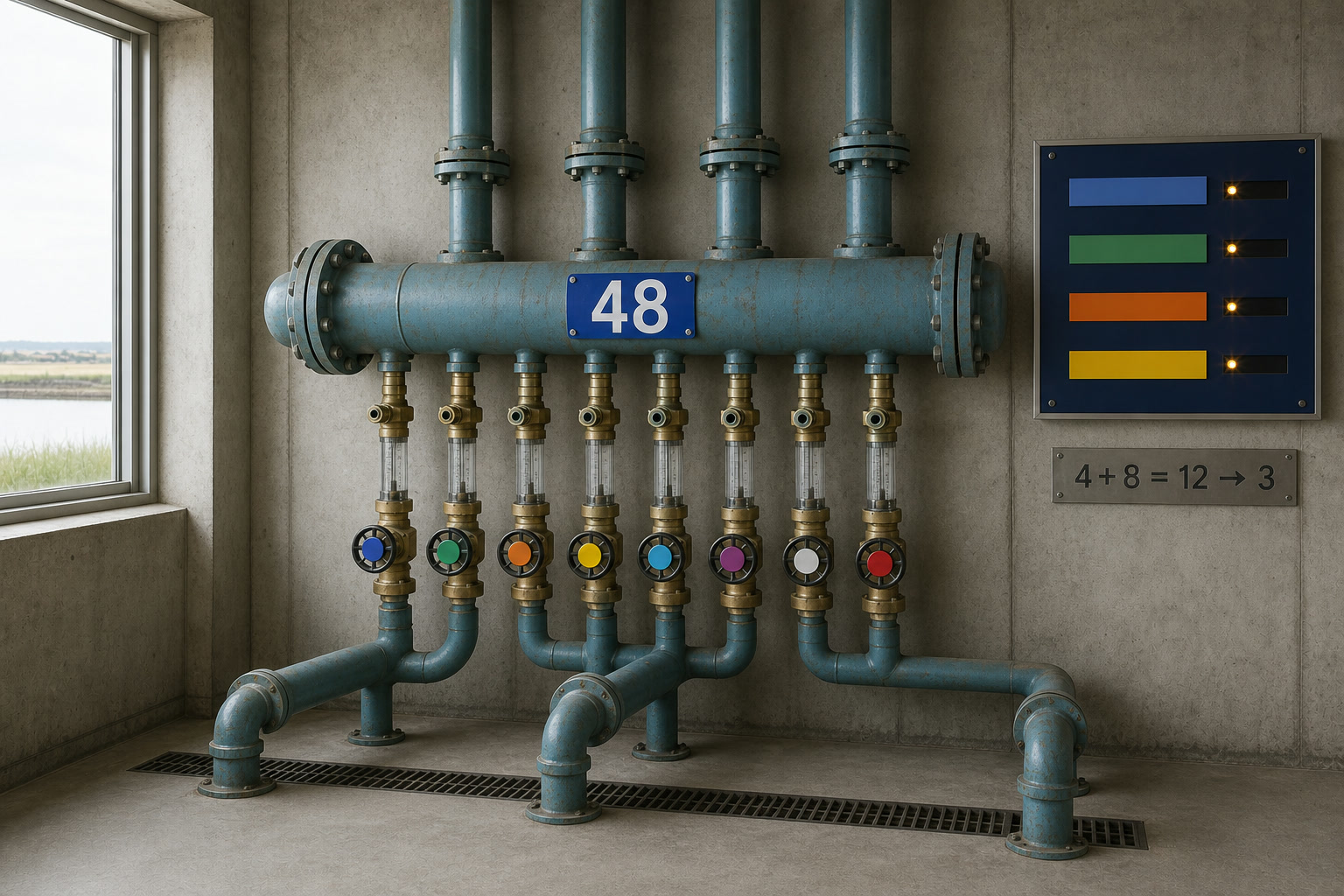 Angel number 48 on an irrigation manifold with four supply lines, eight valves, and balanced output after reducing to three