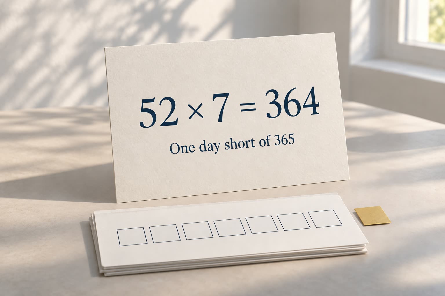 Card showing 52 times 7 equals 364, seven day boxes and one extra gold square