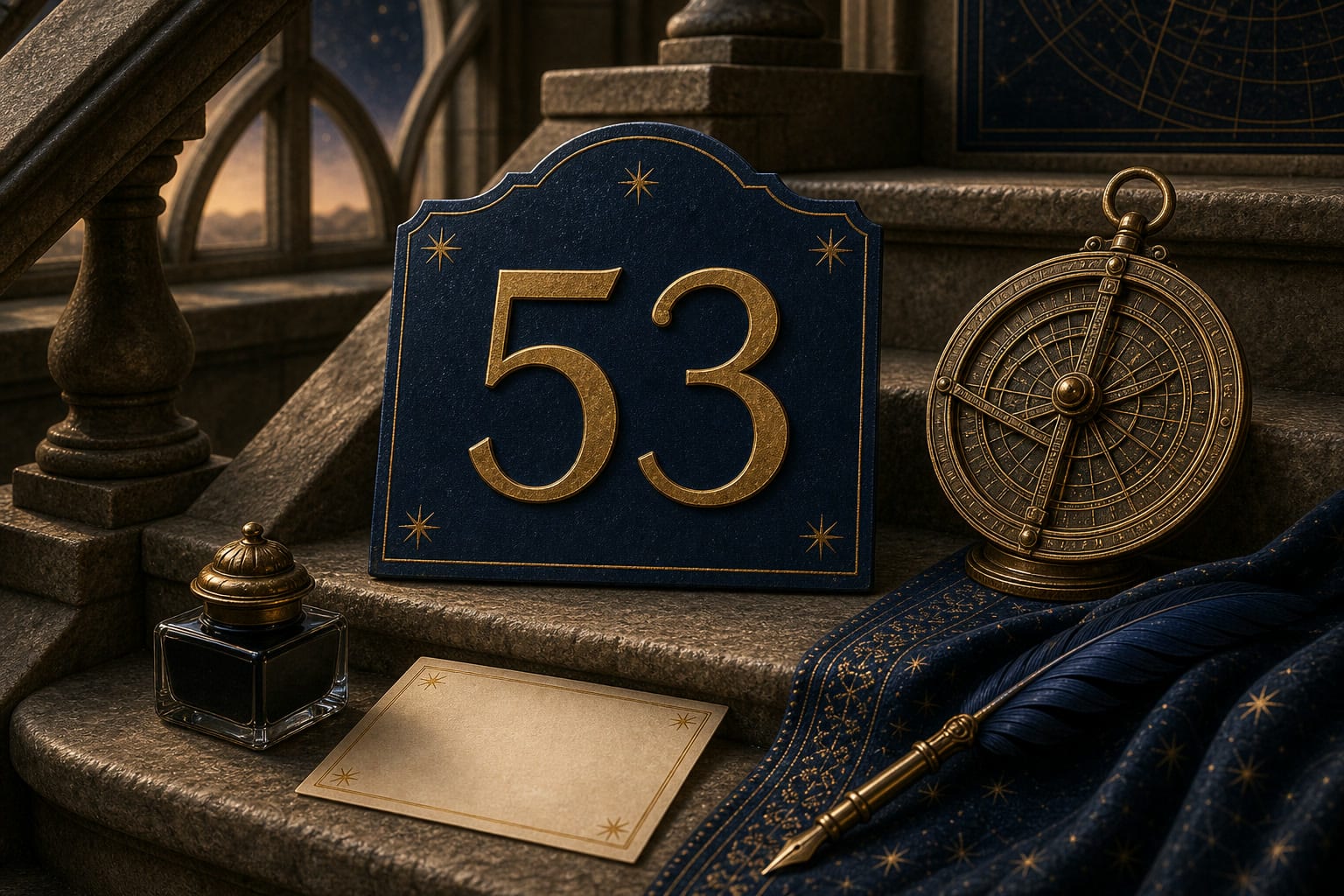 Gold number 53 on a navy plaque at a celestial archive staircase landing