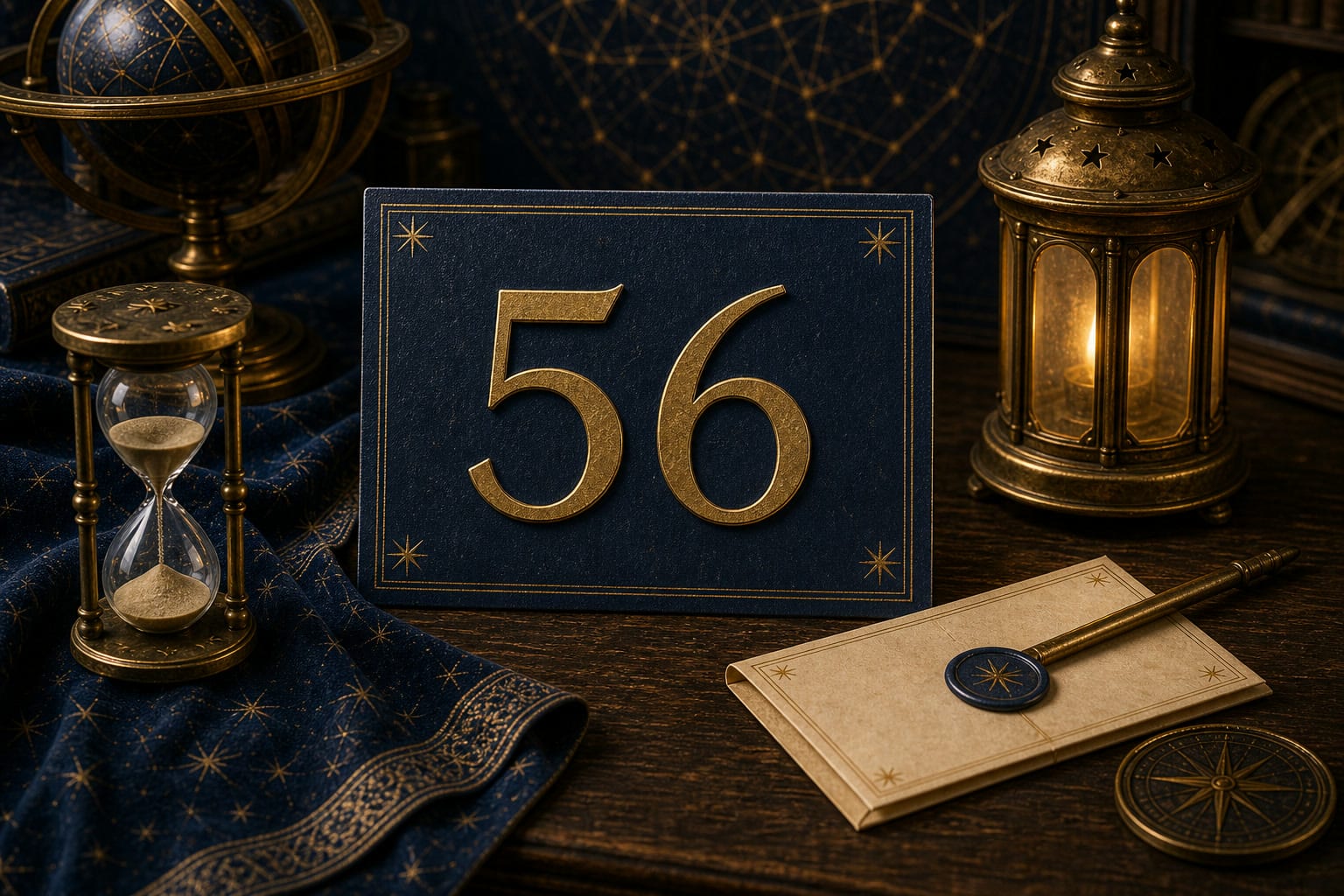 Gold number 56 on a deep-blue card with an hourglass and warm celestial desk lamp