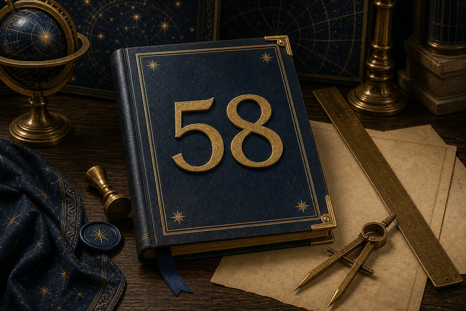 Gold number 58 on a navy ledger with a brass ruler and architectural compass
