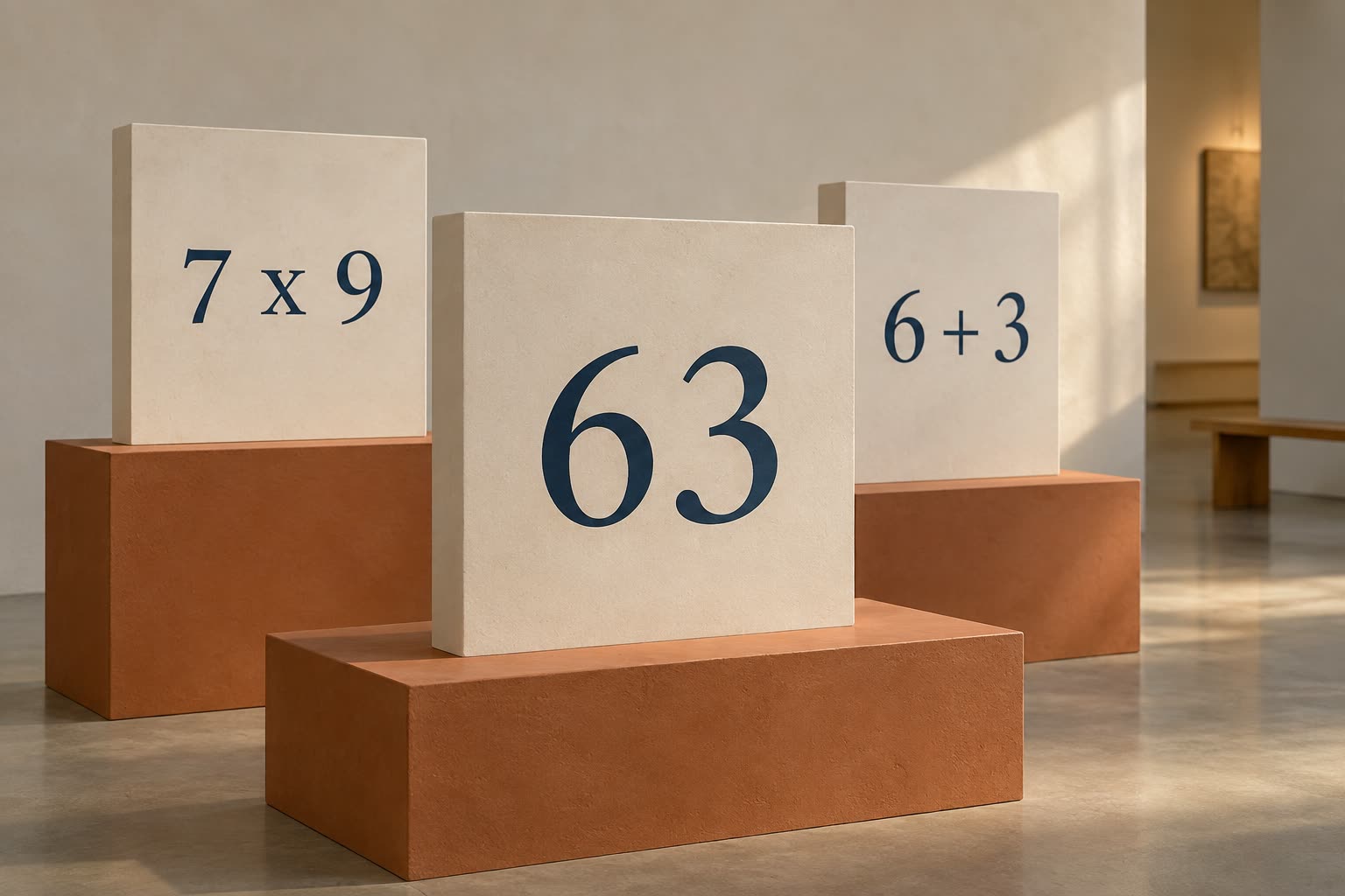 Modern gallery panels display 63, 7 x 9 and 6 + 3 on terracotta plinths.