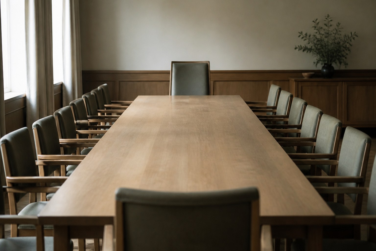 A long wooden meeting table in a quiet daylit room, ringed by identical chairs, with one chair set alone at the head