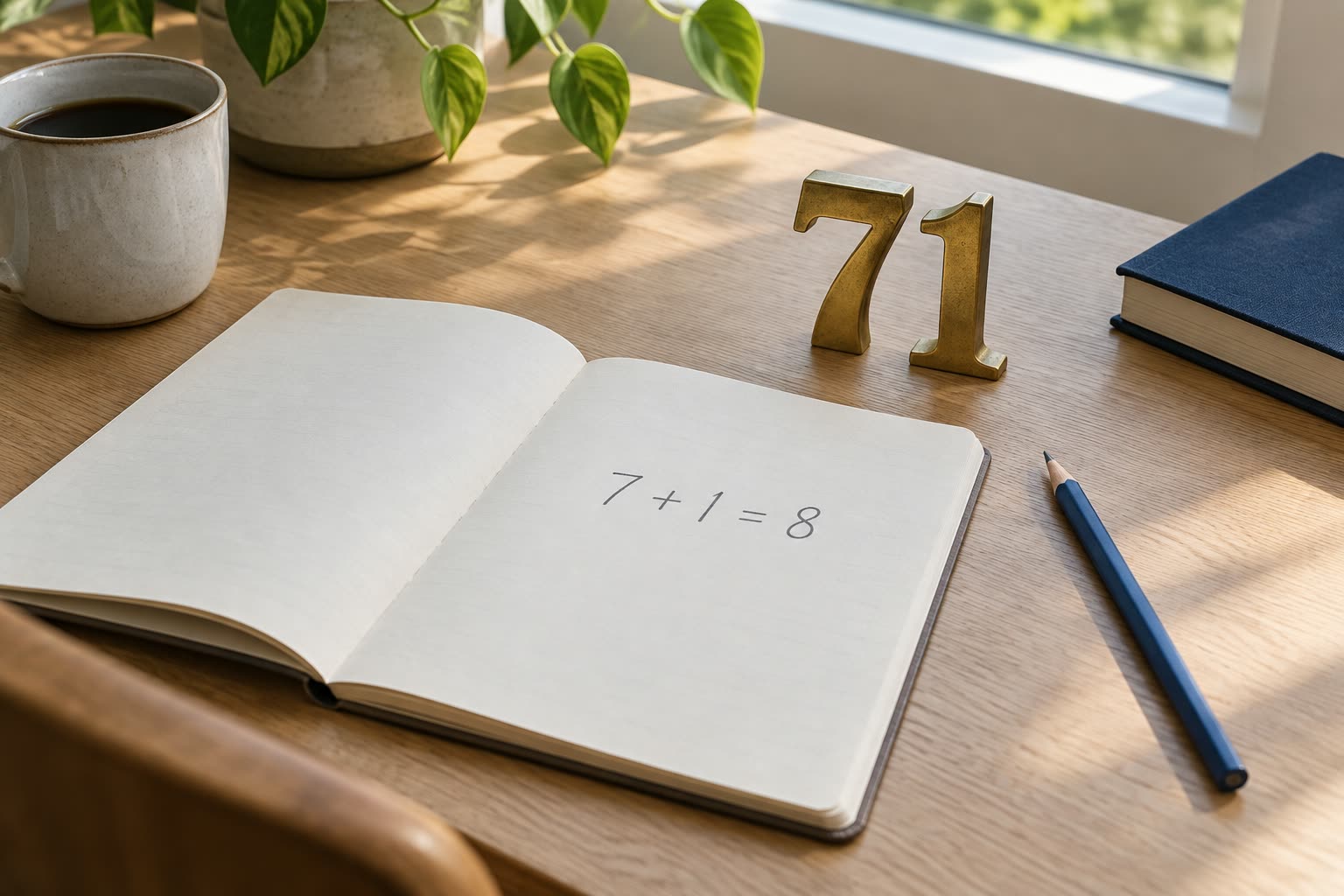Brass numerals 71 beside an open notebook showing 7 + 1 = 8 on a sunlit wooden desk