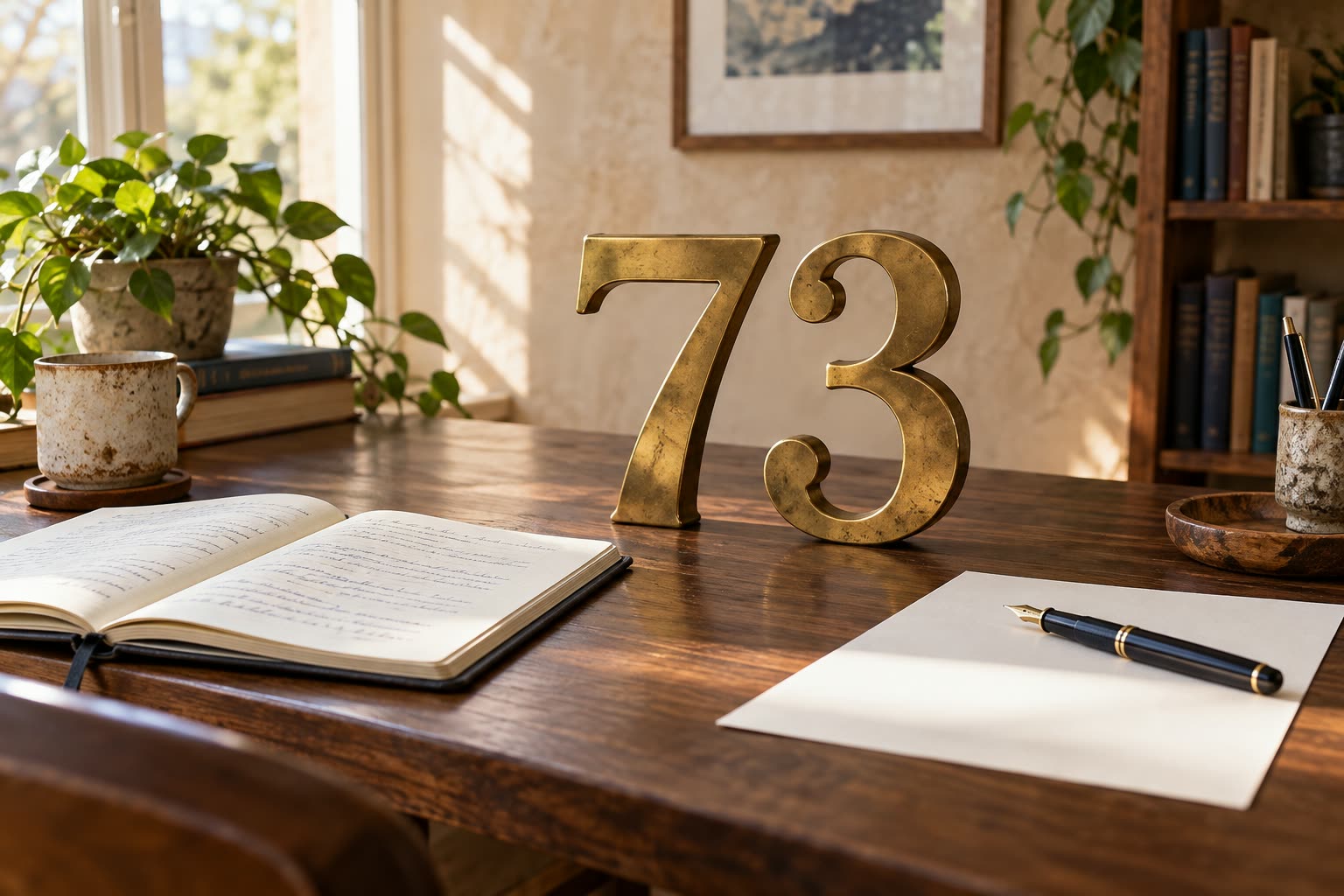 Brass numerals 7 and 3 on a sunlit writing desk with research notes and a blank page