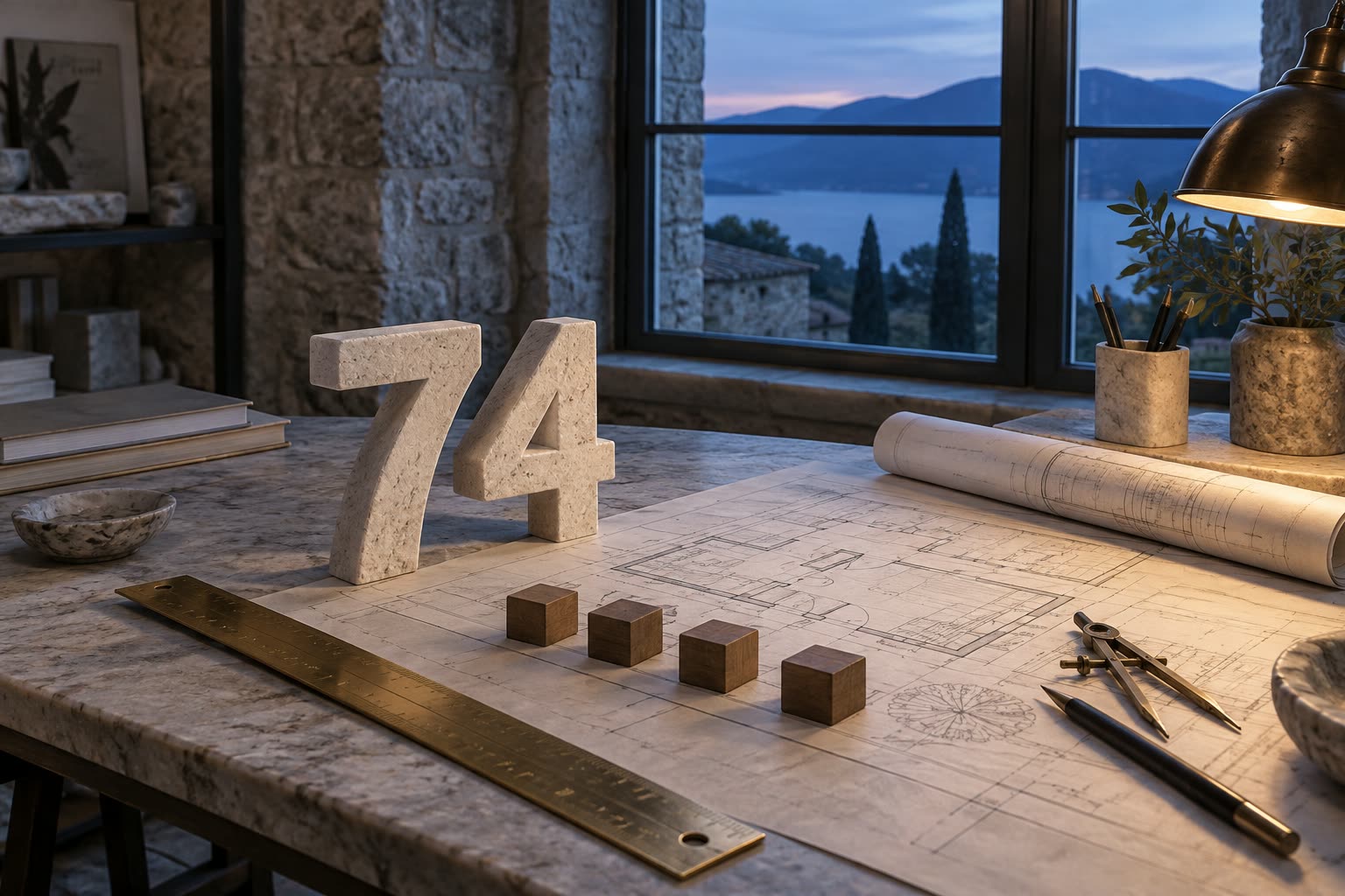 Stone numerals 7 and 4 on an architect's blueprint beside a ruler and planning notes