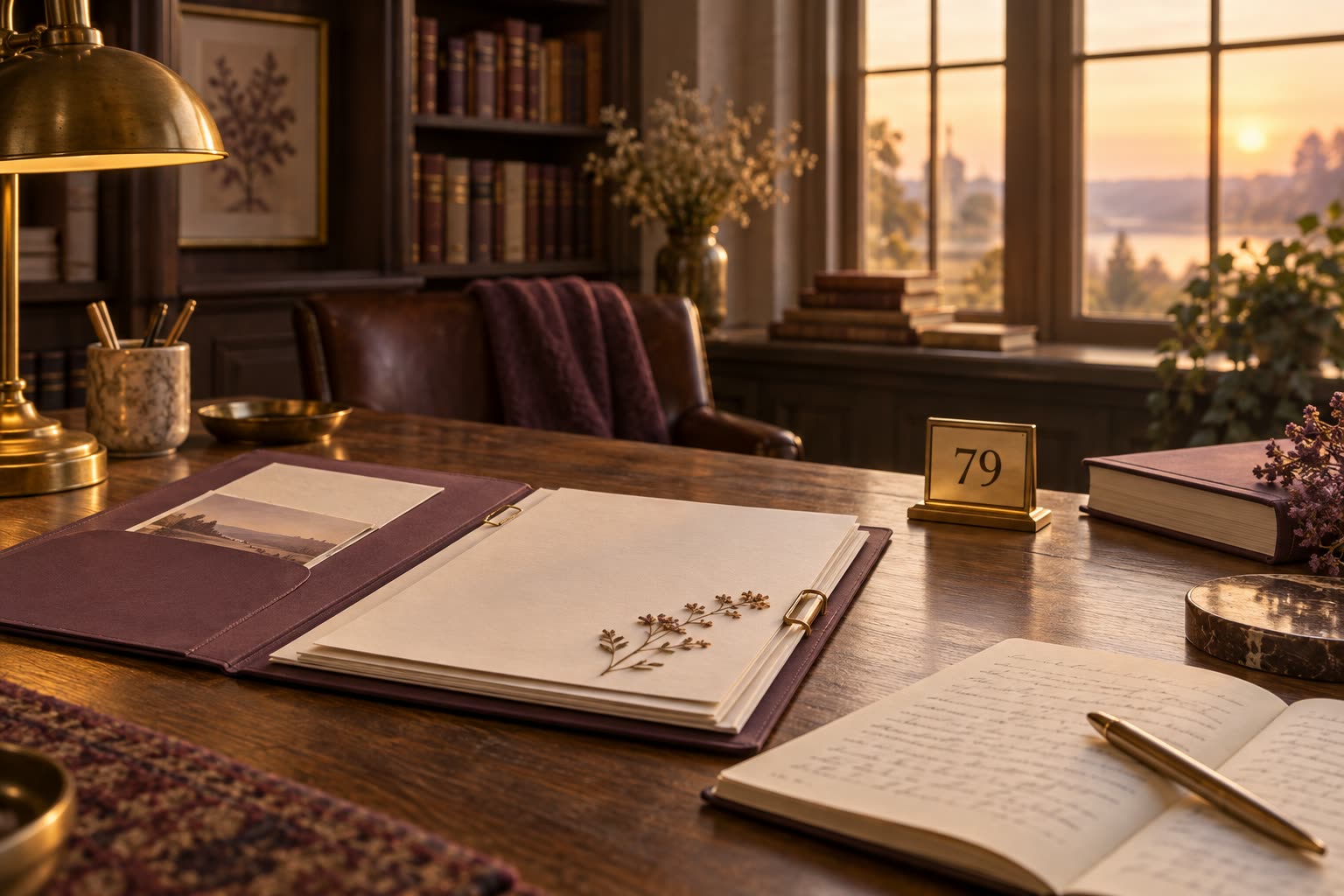Brass number 79 on an archival reading desk with a completed folder and reflection notes