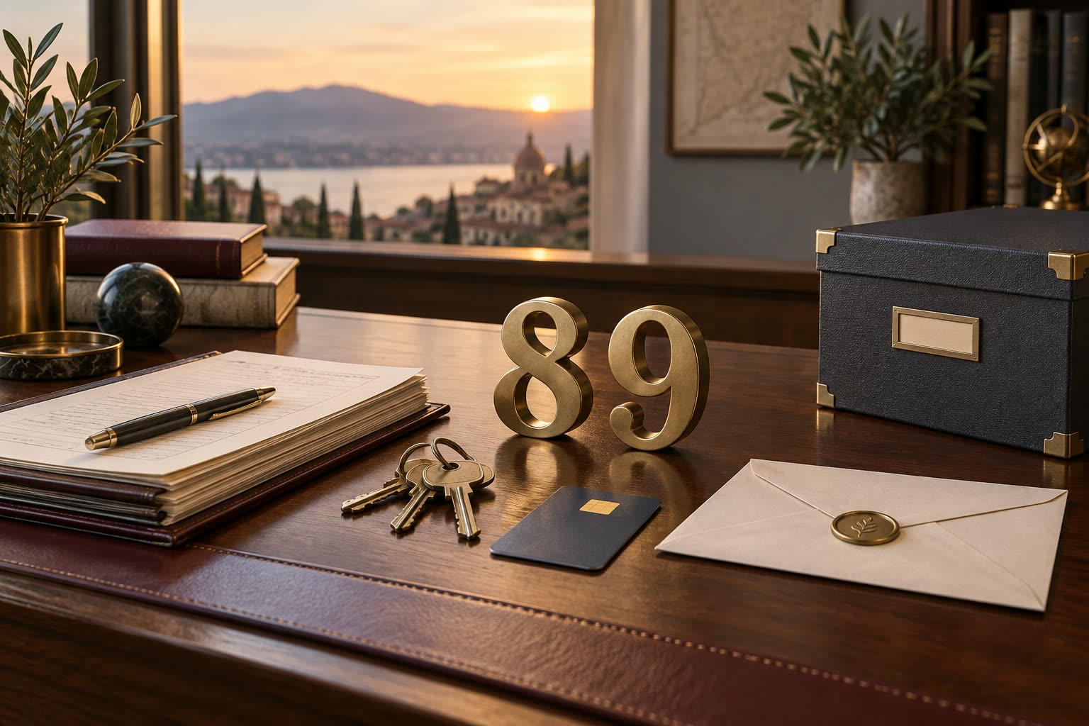 Brass number 89 beside a final ledger, returned keys, access card, and closed archive box