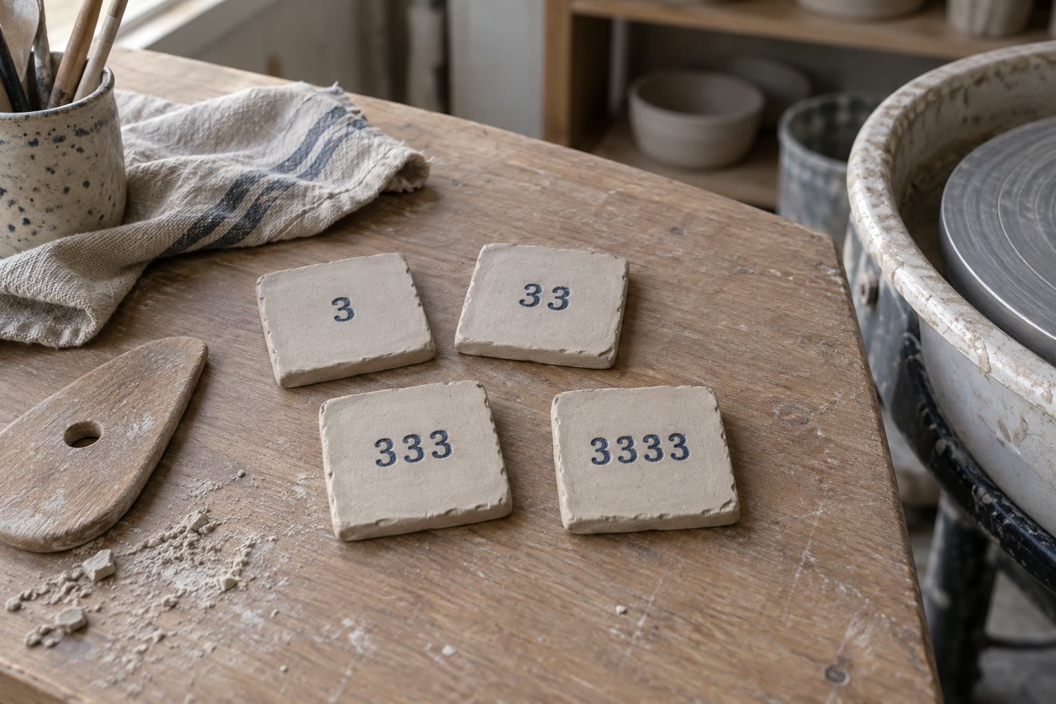 Four handmade clay tiles stamped 3, 33, 333, and 3333 on a pottery studio workbench