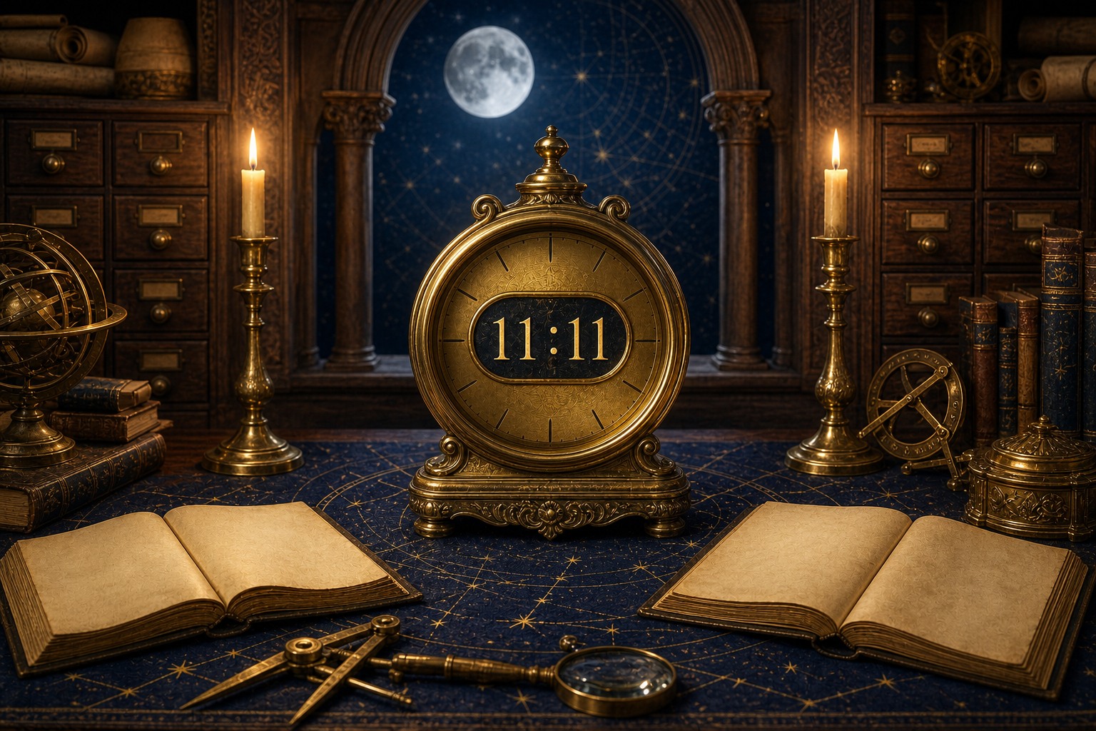 11:11 clock sequence in a moonlit celestial archive alcove.